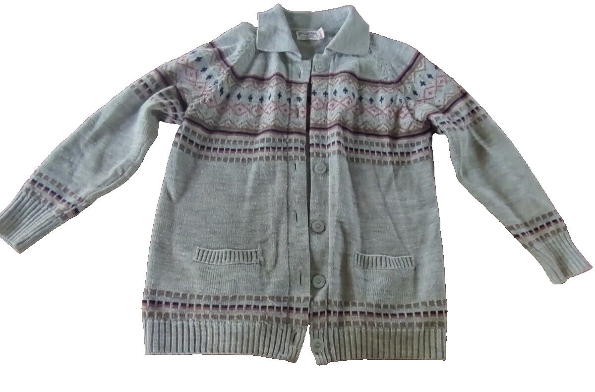 Vintage Glamour Knit Acrylic Button Up Fair Isle Print Cardigan *Missing button