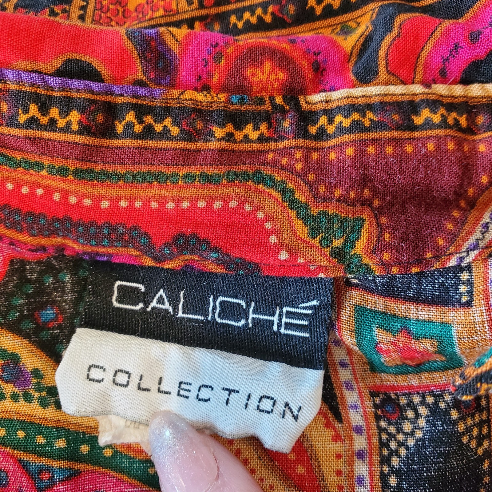 Vtg 80s 90s Colorful Abstract Paisley Blouse M/L Rayon Boho Button Up Red