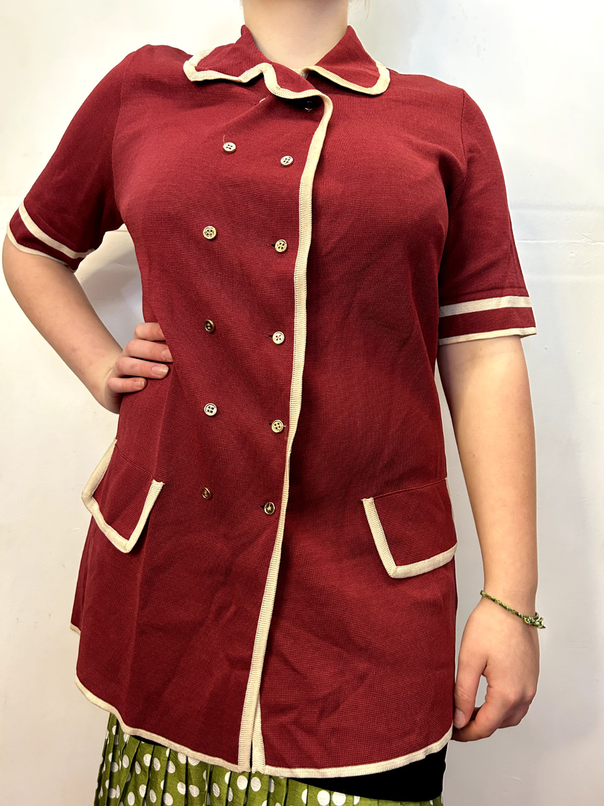 Vintage 1970s Knit Nylon Blazer Burgundy Maid Uniform Nurse Costume Retro AU 12