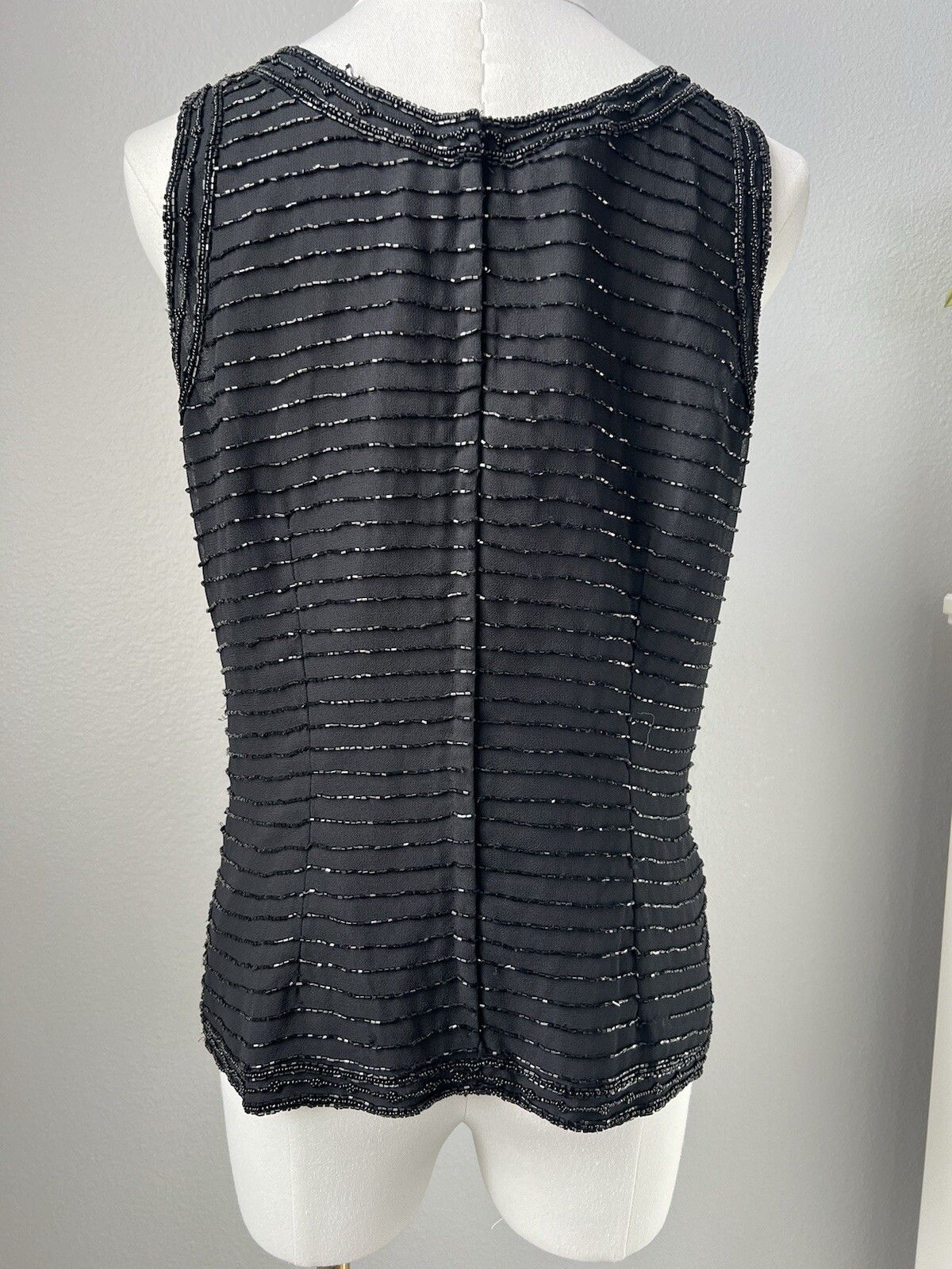 Vintage JKara New York Black Striped Beaded Sleeveless Evening Top Size M S/M