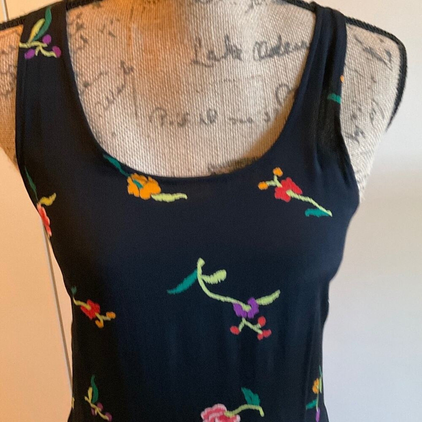 Vintage 80’s Norma Kamali Designer black floral racer back tank maxi midi dress