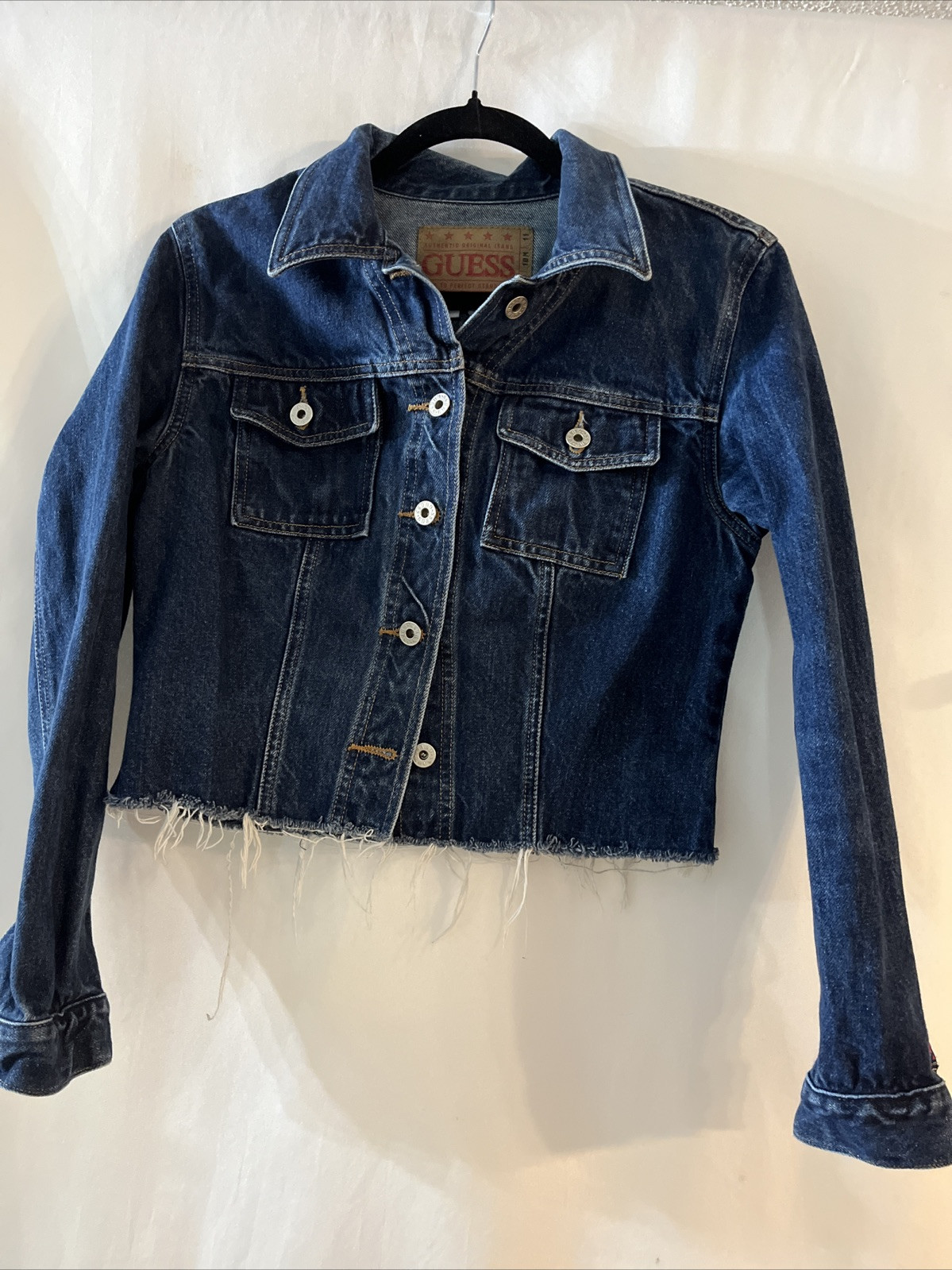 Vintage GUESS Blue Jean Jacket Crop Dark Wash Medium Fringe Button Up