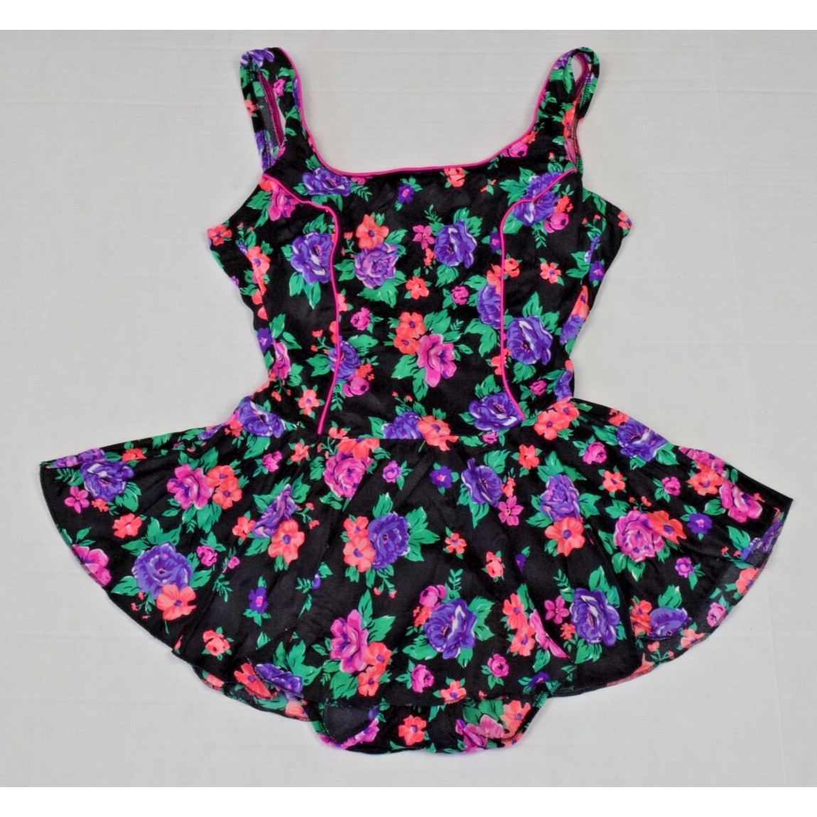 Vintage Swimsuit Size S/M 80s Glossy Black Pink Purple Flowers Full Skirt Bra