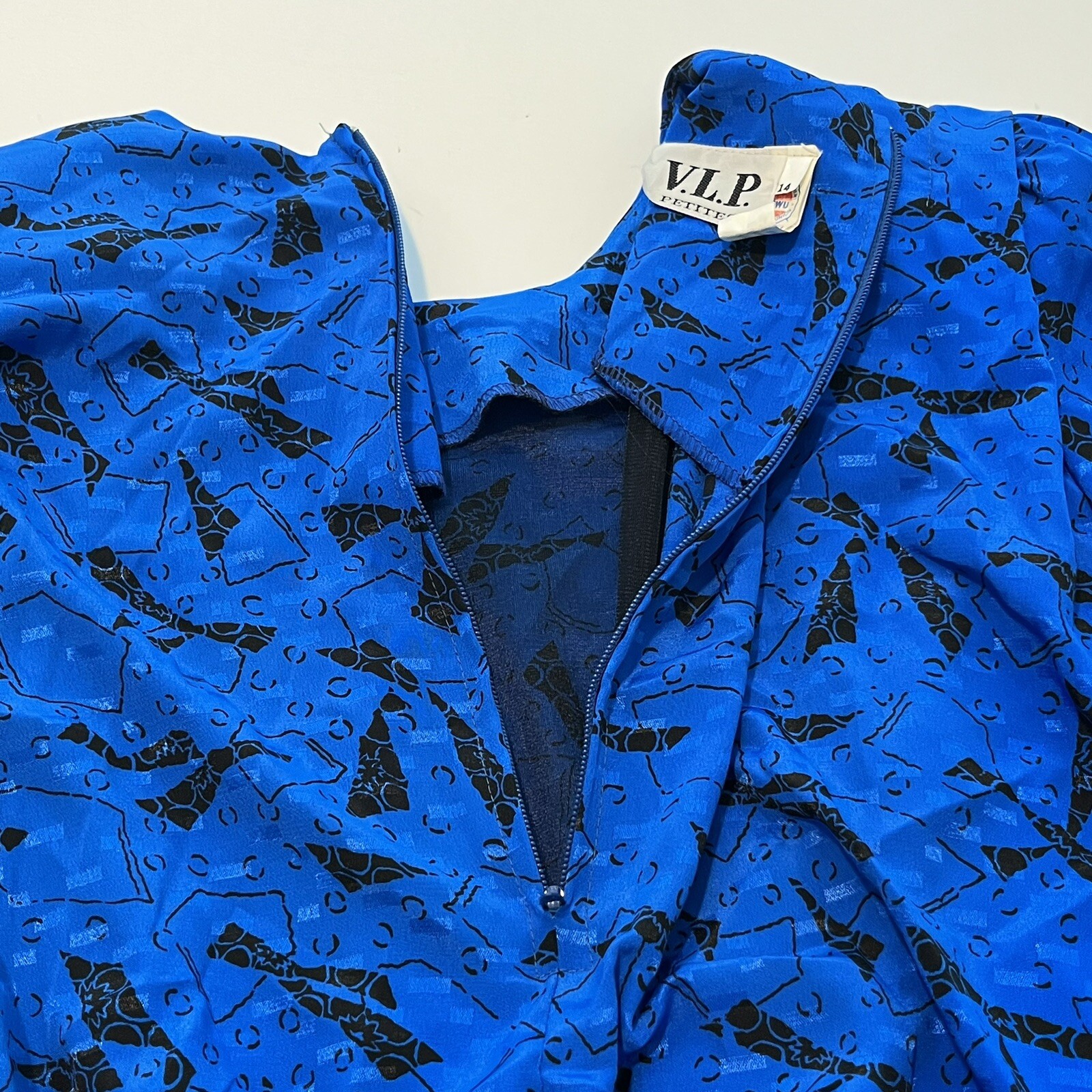 80s VLP Petites Blue Abstract Secretary Dress Elastic Waist Union Tag Vintage 14