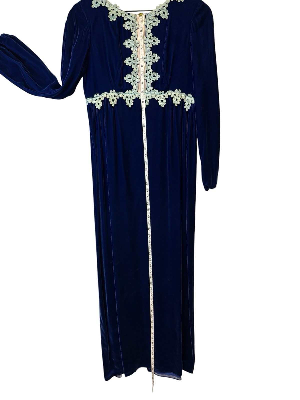 Vintage 70s Victorian Prairie Revival Sapphire Blue Velvet Long Sleeve Maxi 10