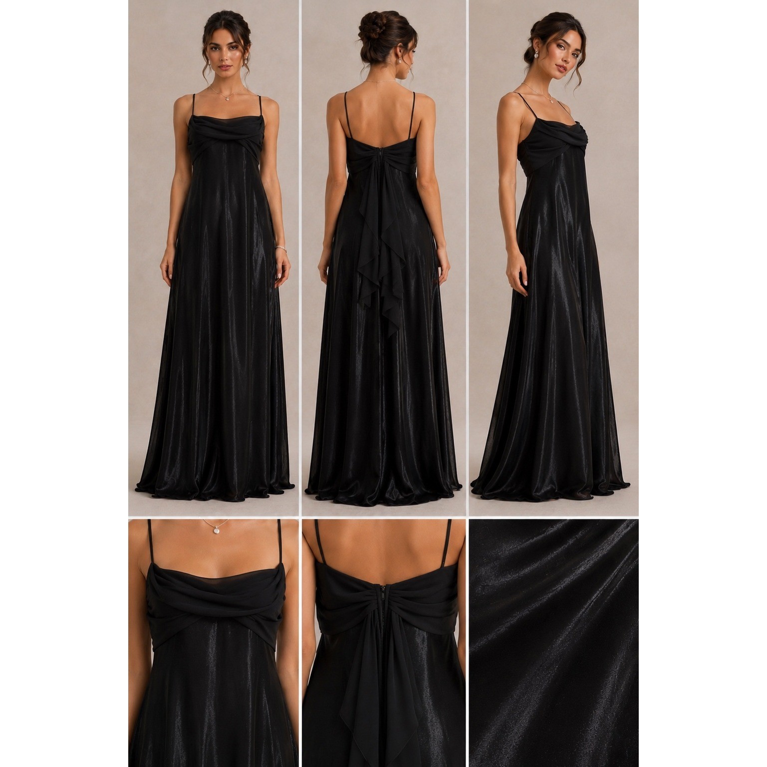 Vintage Black Satin Formal Gown Empire Waist Maxi Dress M Tall Slim Fit