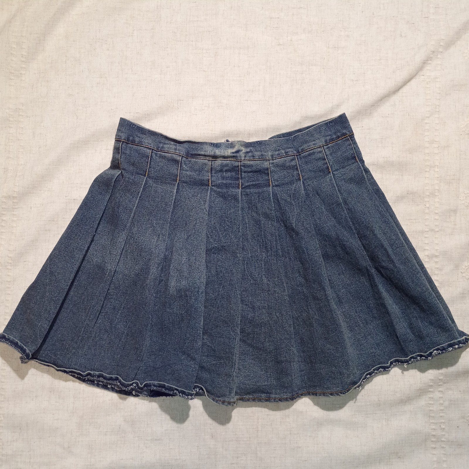 Vintage Y2K Wildcat Pleated Mini Skirt Womens M Faded Lined Blue Denim Baby Doll