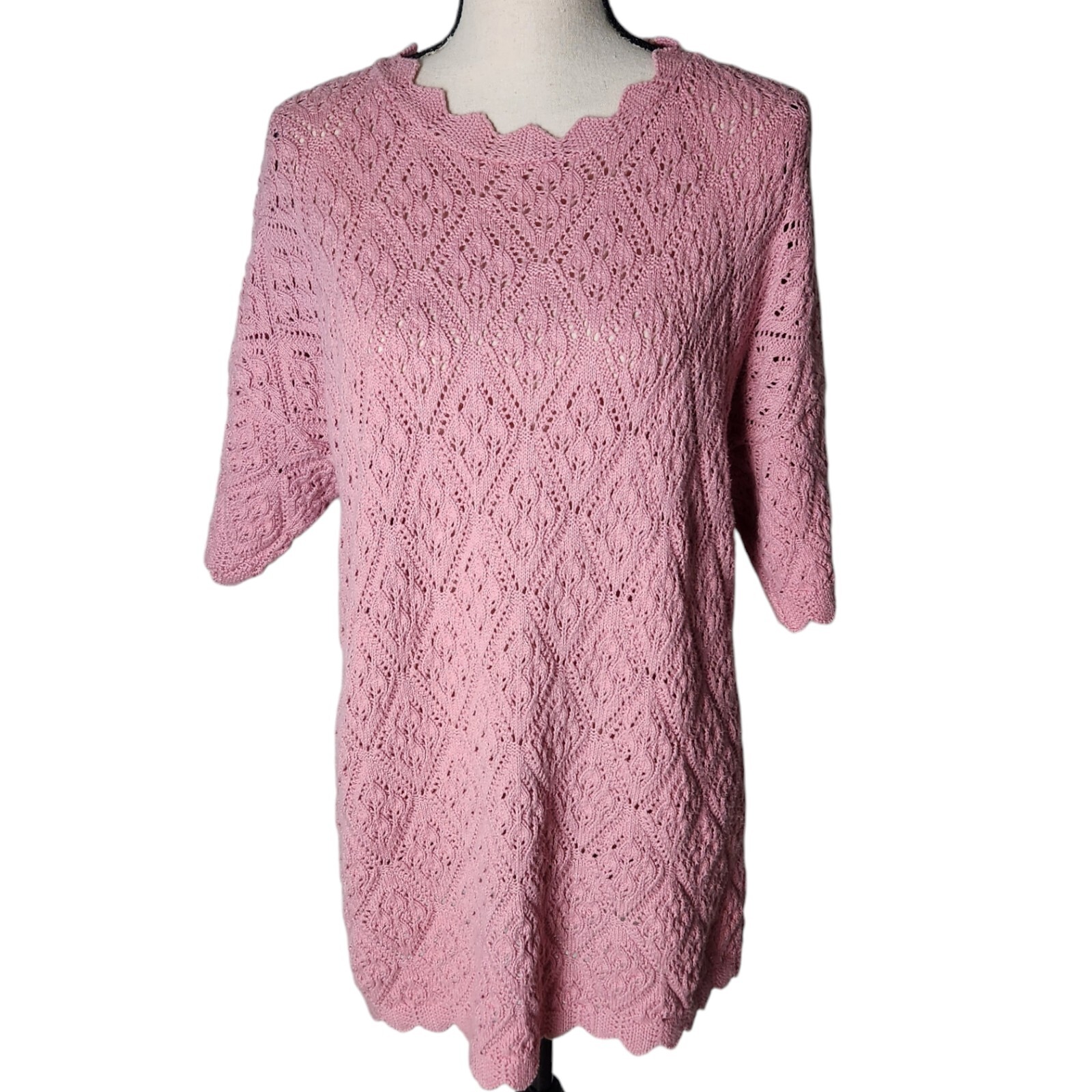 Vtg Sweater Open Knit Crochet Grannyecore Short Sleeve Pink Large Made in USA