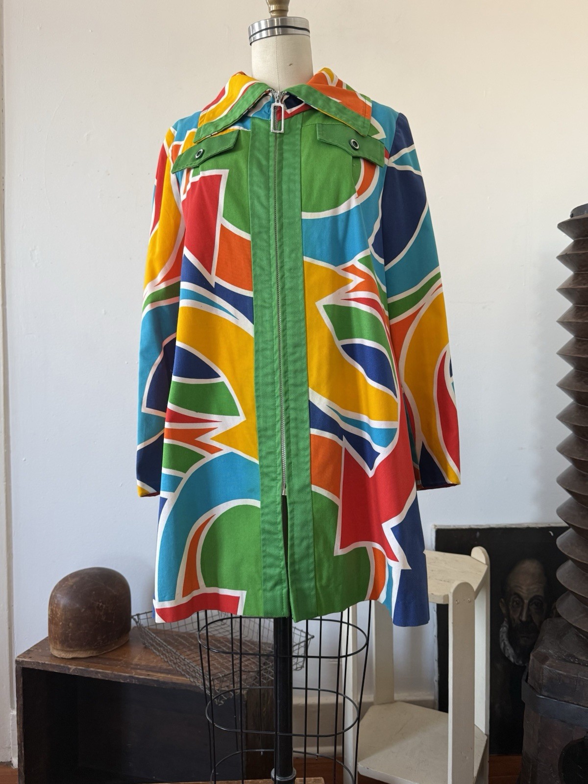 60s Mod Psychedelic Pop Art Print A-Line Swing Coat/ Statement Jacket/Mini Dress