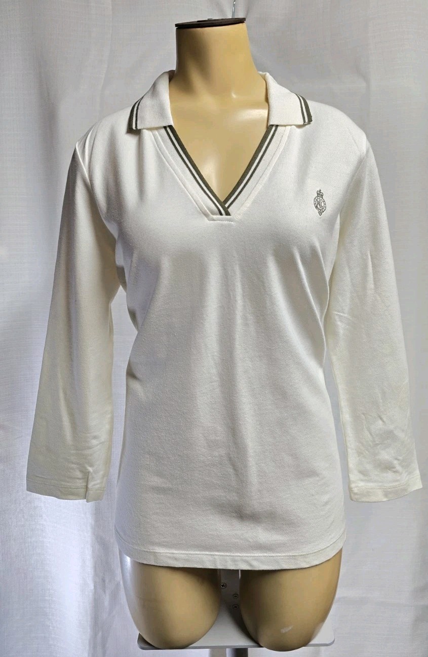 Vtg Woman’s Ralph Lauren V-Neck Polo Shirt Top Beige Green Crested Sz L