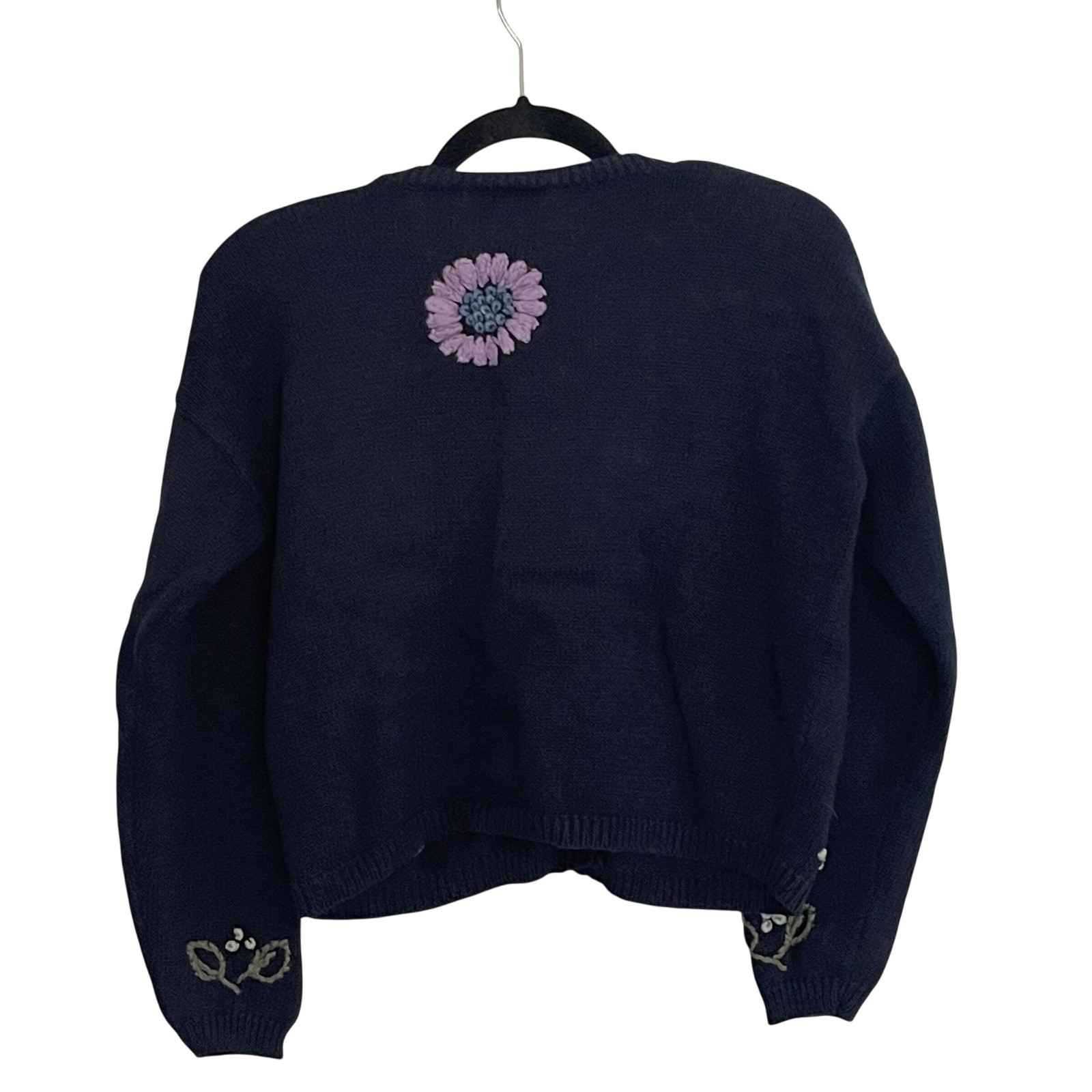 Paul Harris Design Vintage Navy Floral Embroidered Cardigan Sweater Grandma