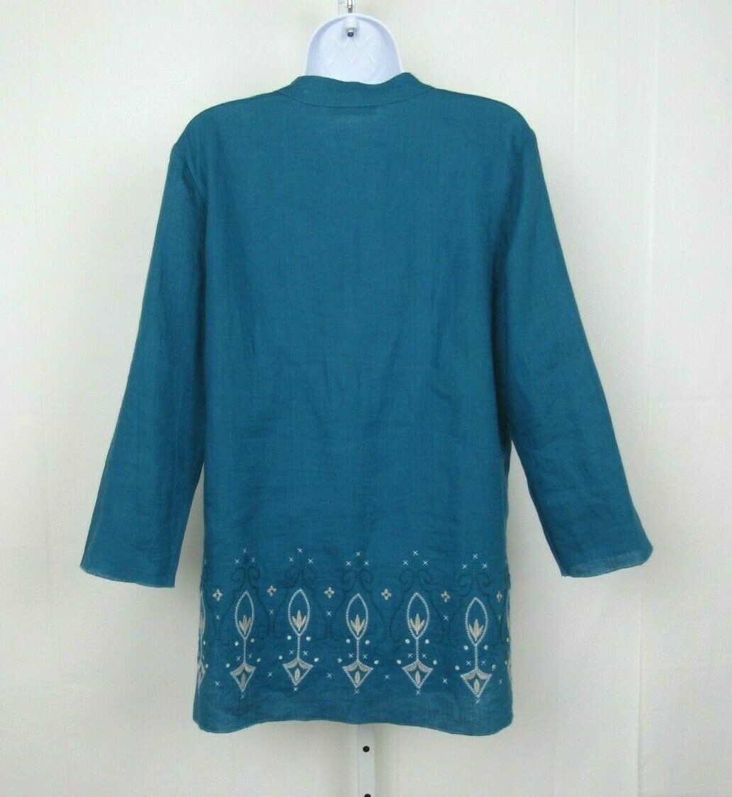 VTG 1980s DANA BUCHMAN TEAL EMBROIDERED LINEN SMOCK TOP & ROPE BELT SIZE 8