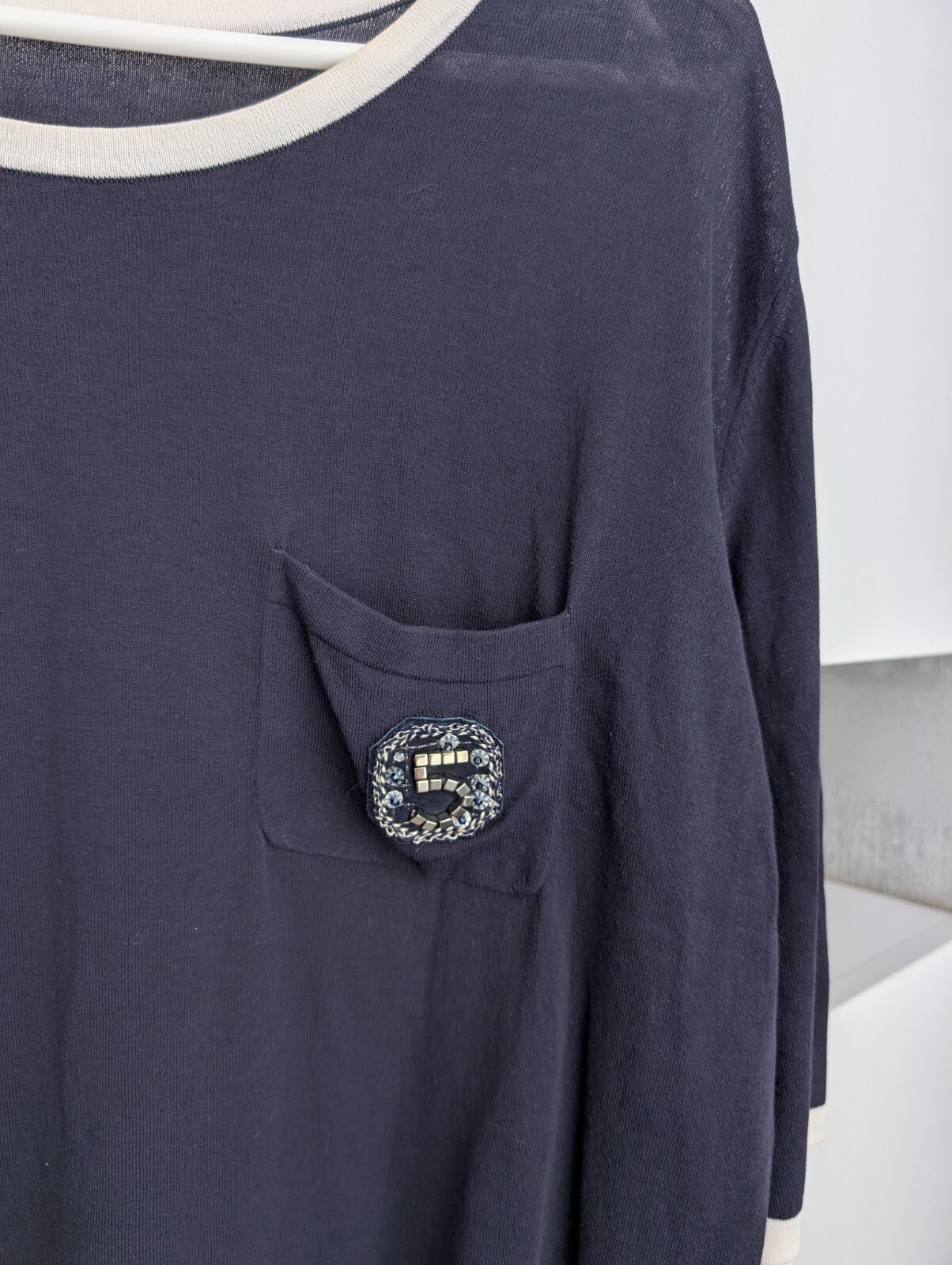 Chanel No 5 Embellished Logo Navy Silk Viscose Blouse Top T-Shirt Oversized 2XL