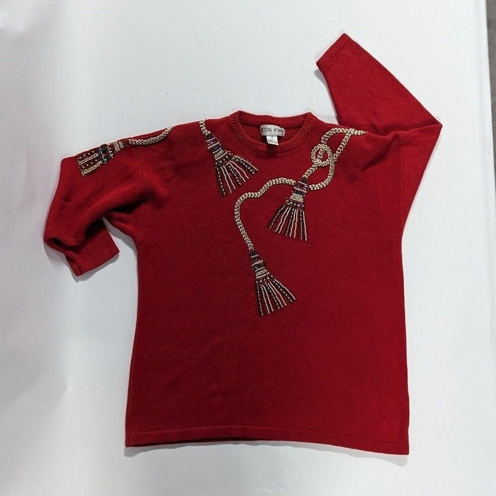 Vintage Victoria Woman Size 1x Red Ugly Christmas Sweater Glass Beaded Design