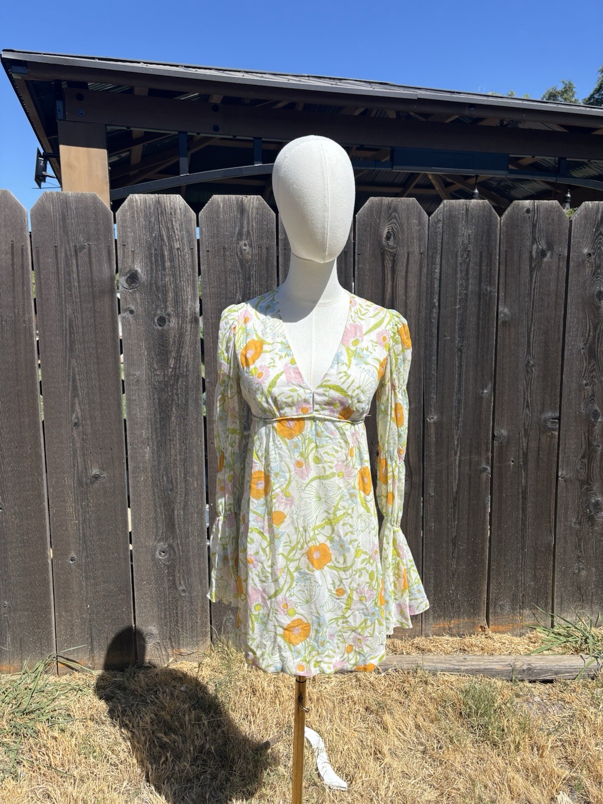 Vtg 70’s Young Edwardian Floral Cotton Mini Dress With Gathered Sleeves