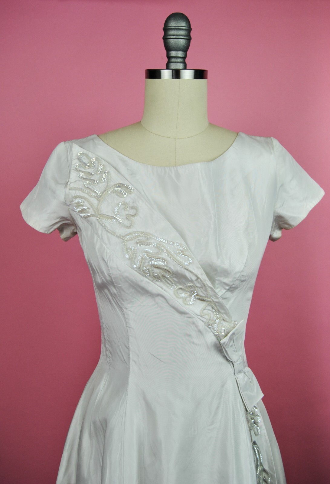 1960s Vintage Emma Domb Ivory Wedding Gown Cotillion Formal Sequin Dress XXS XS
