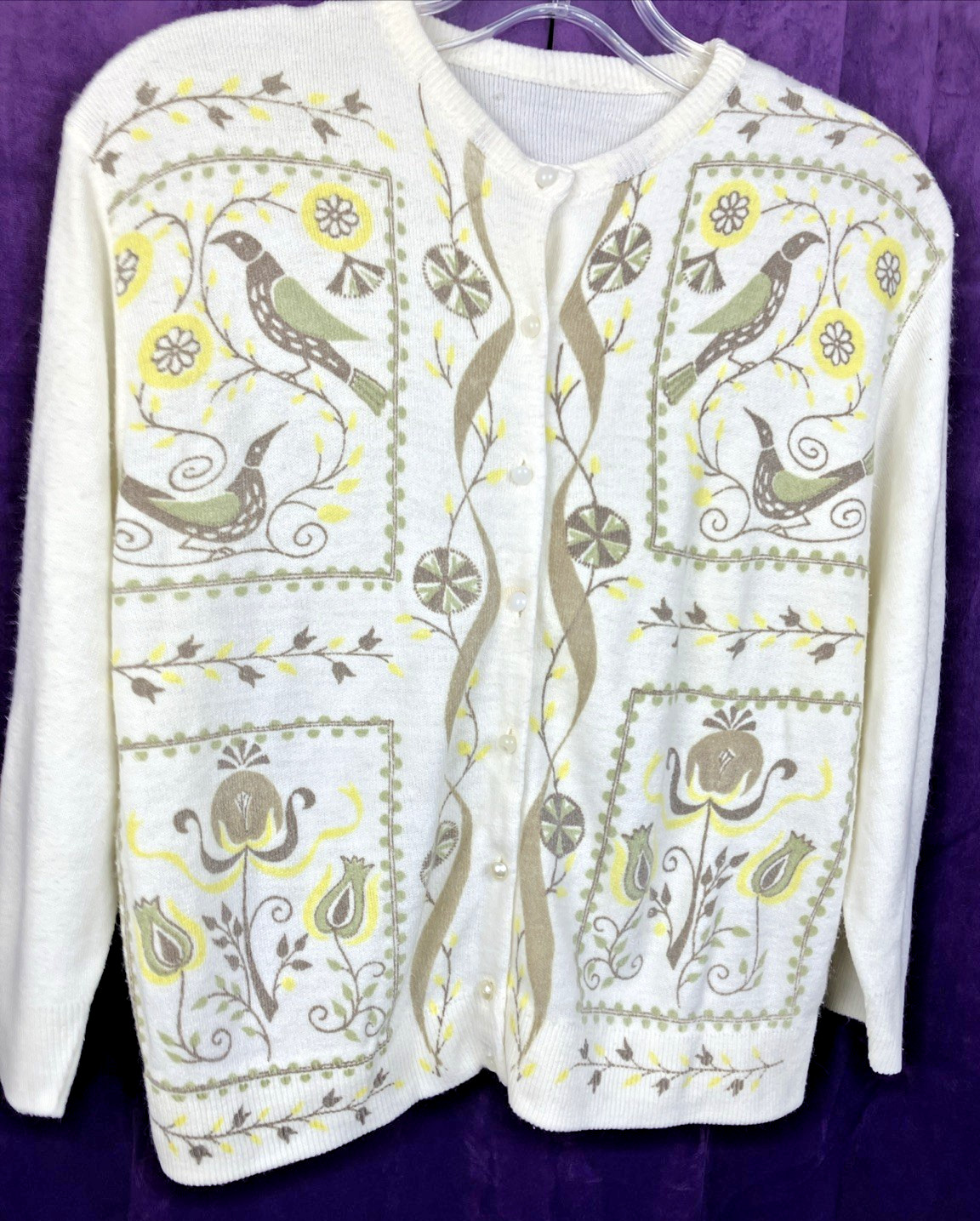 42 B L Vintage 60s MCM Bird Floral Print Cardigan Acrylic Orlon