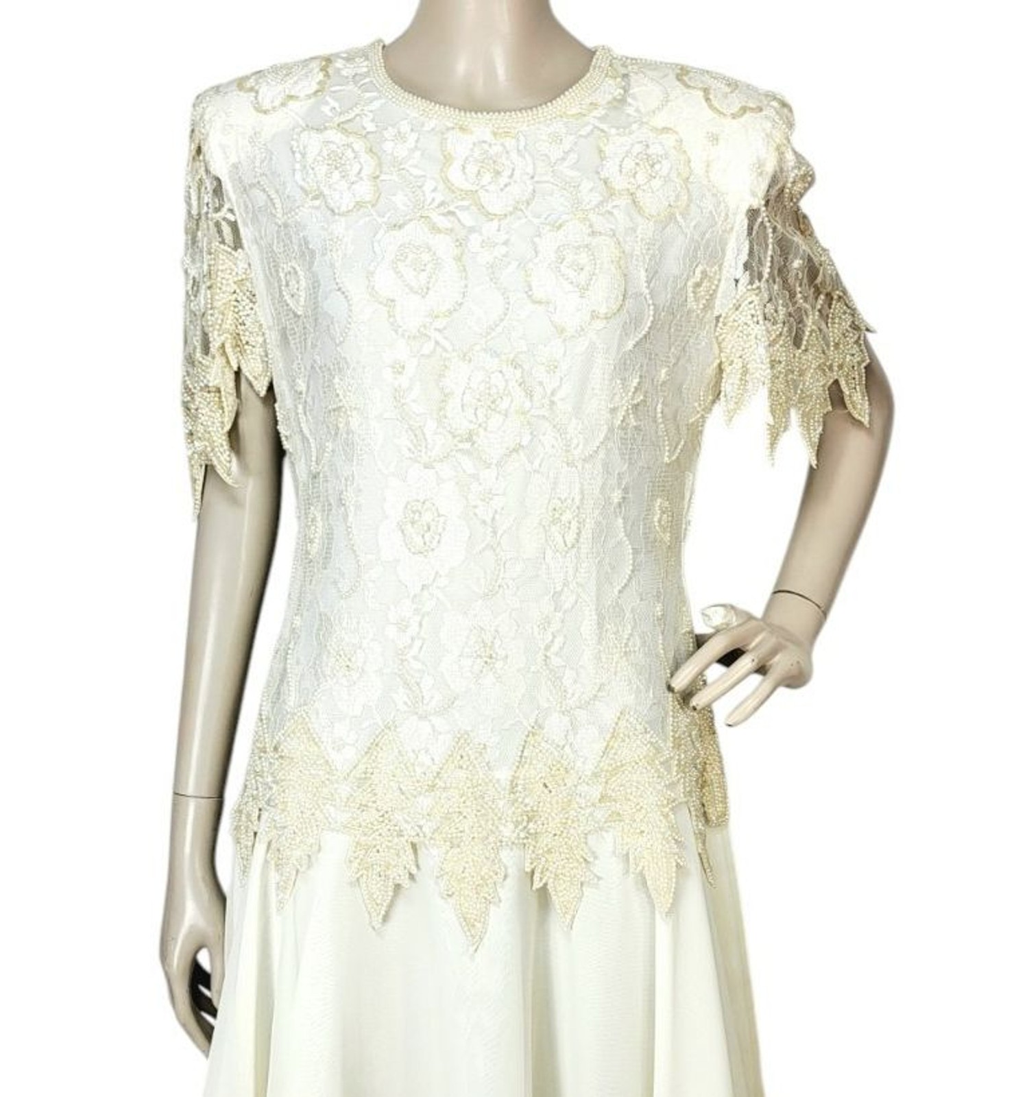 Vintage Laurance Kazar Creme Pearl Beaded Sequined Tiered Chiffon Formal Dress