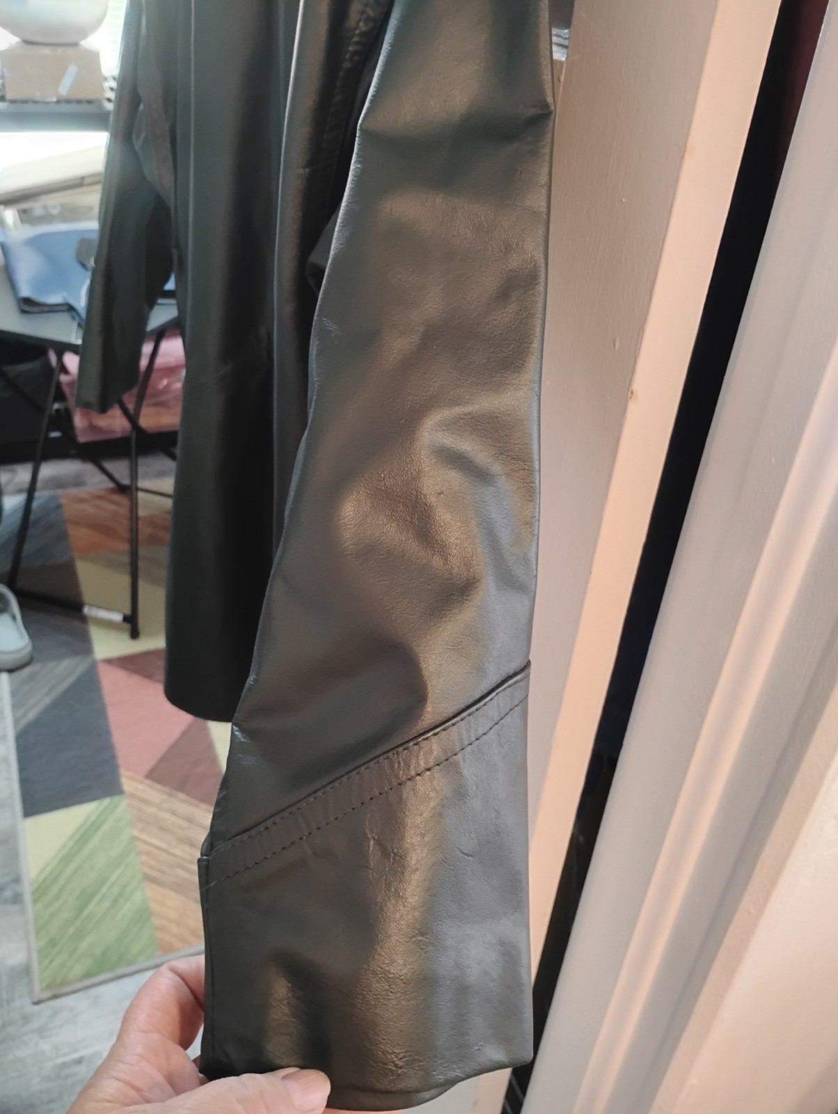 Vintage 80s Harbor Dark Green Leather Jacket Oversized Shawl Collar Coat Medium