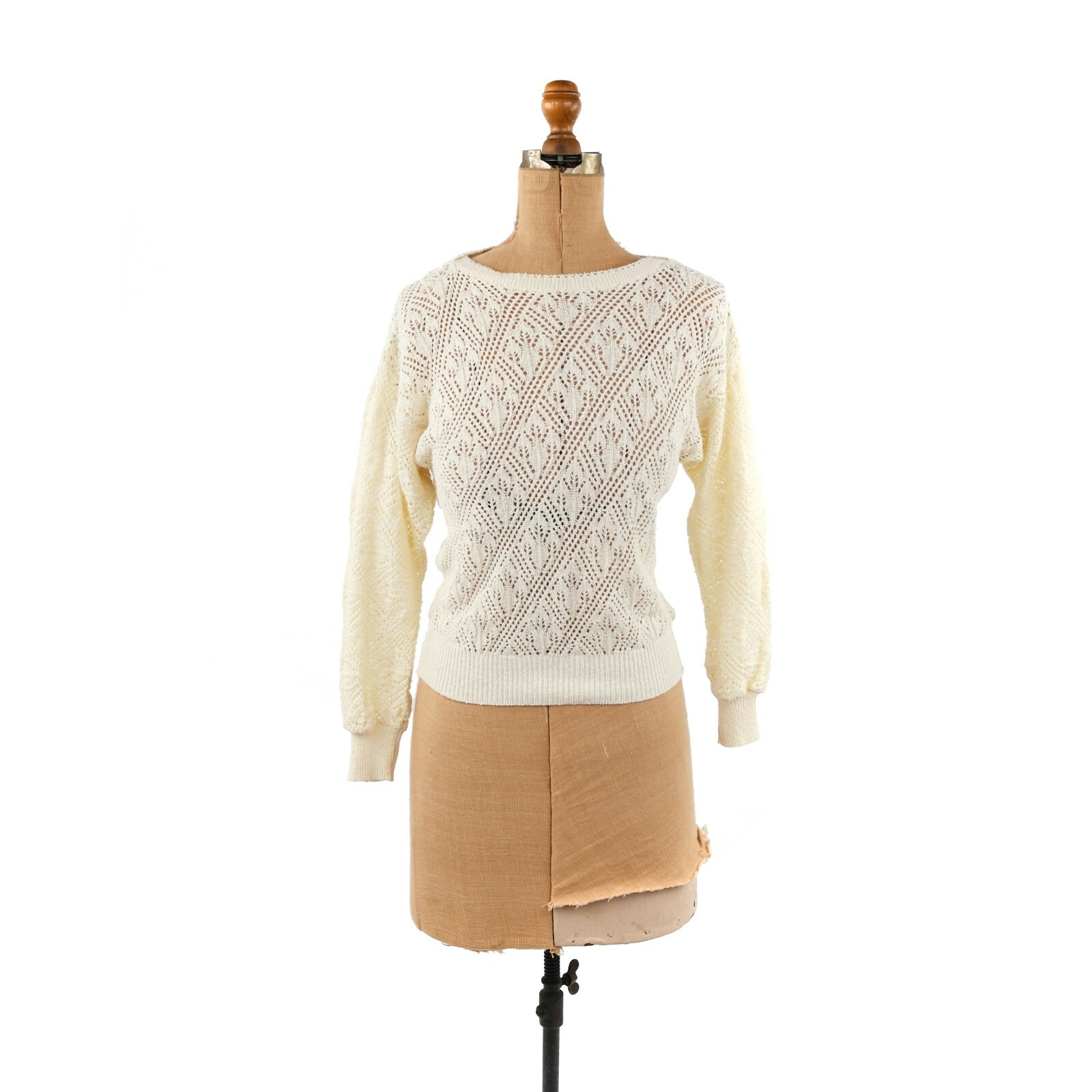 Vintage 70s 80s Cream Semi Sheer Eyelet Knit Boat Neck Slouchy Retro Sweater