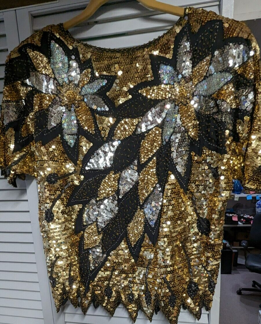 Elaborate Vintage Used Women’s ISABELLE Designer Sequins Blouse Medium Size
