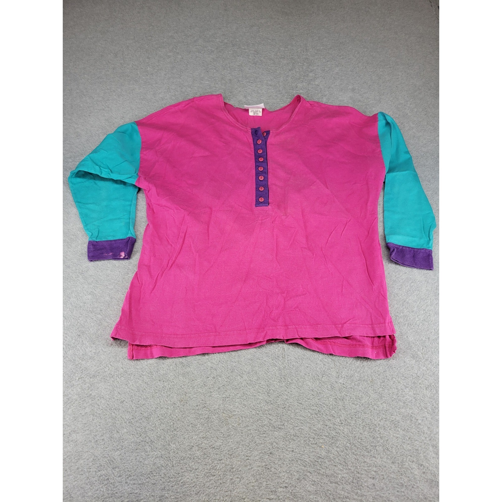 Vintage International Borderline Pink Teal Colorblock Henley Shirt USA Made S/L