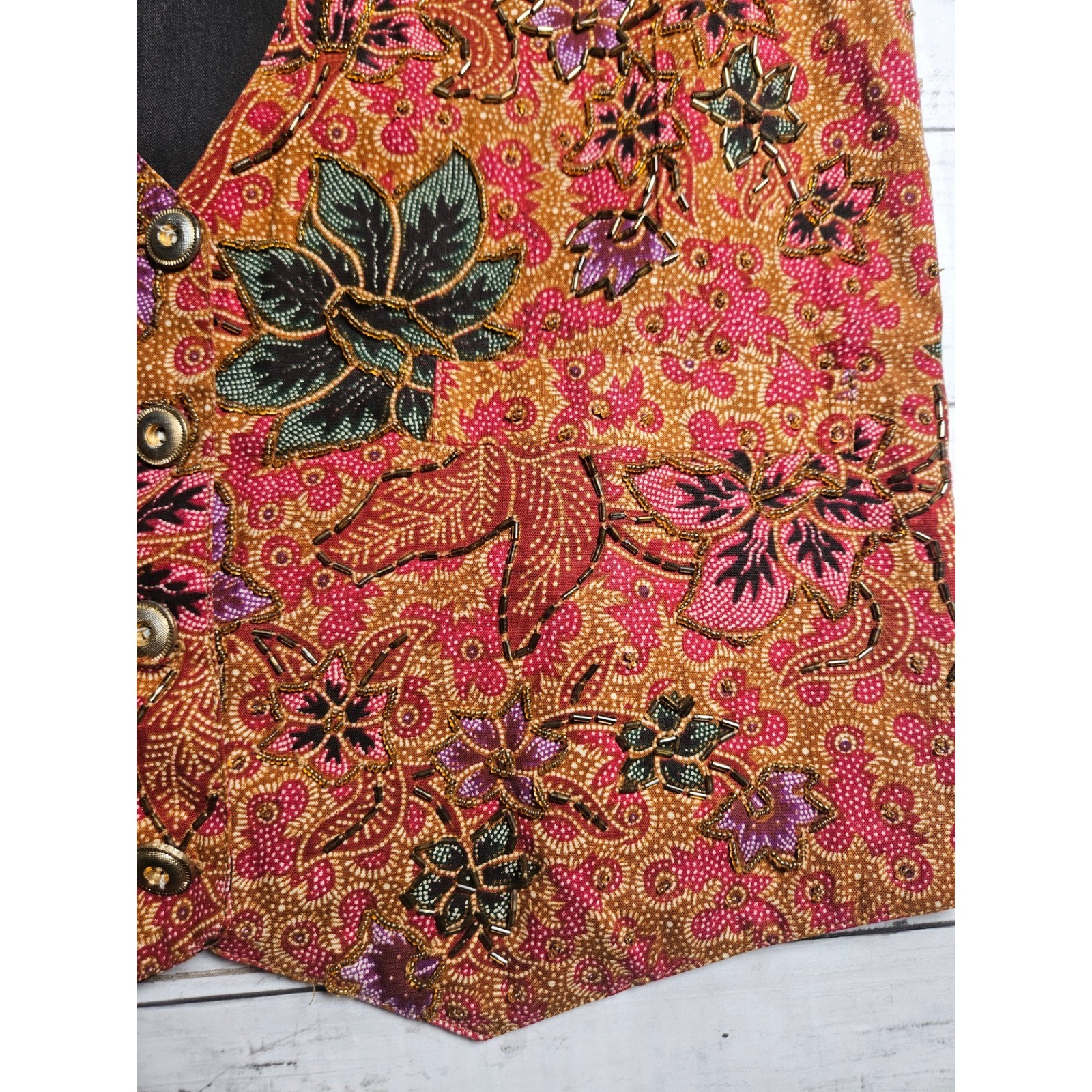 Vintage Theo Beaded Embroidered Floral Vest Boho Cottagecore Size M 90s