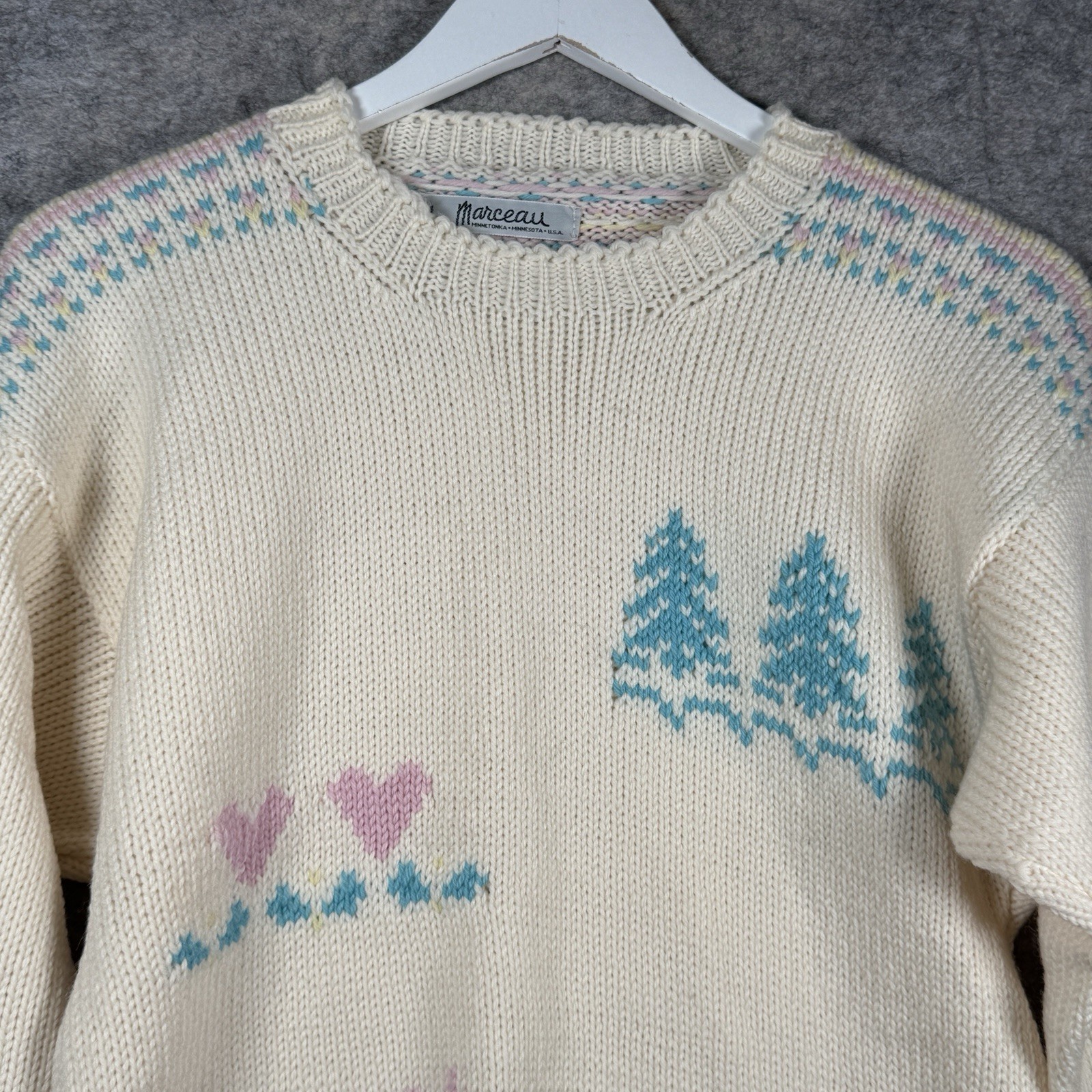 Womens Marceau White Blue Pink Holiday Theme Hand Knit Wool Sweater Size L 17×24