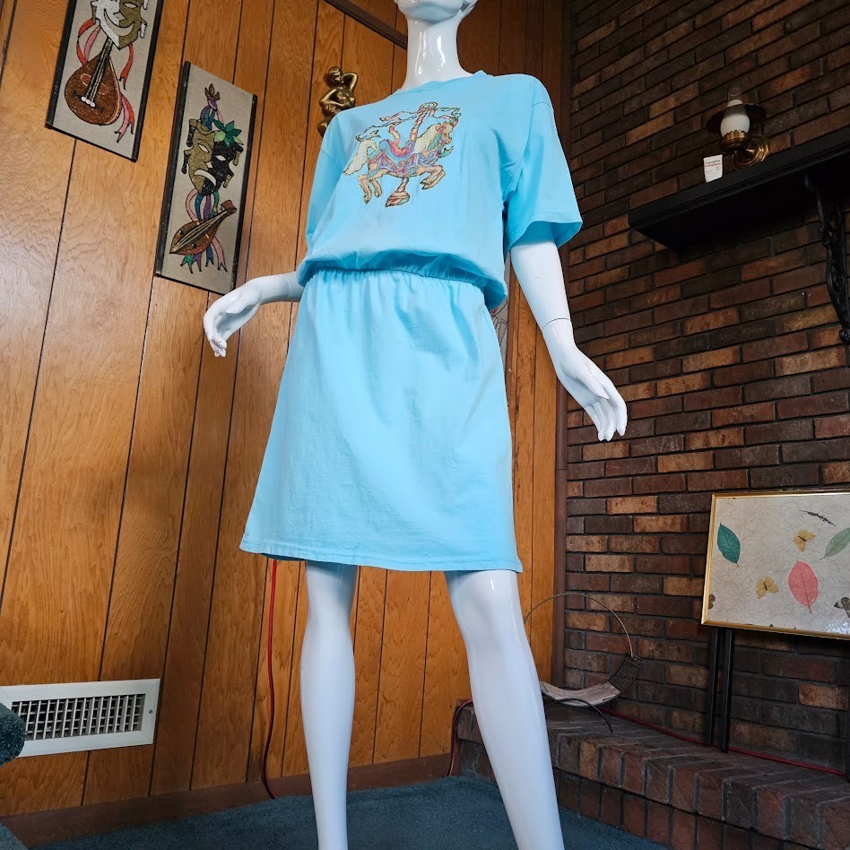 Vtg 80s 90s Sunbelt Merry Go Round Carousel Horse Whimsical T-Shirt Dress OSFM