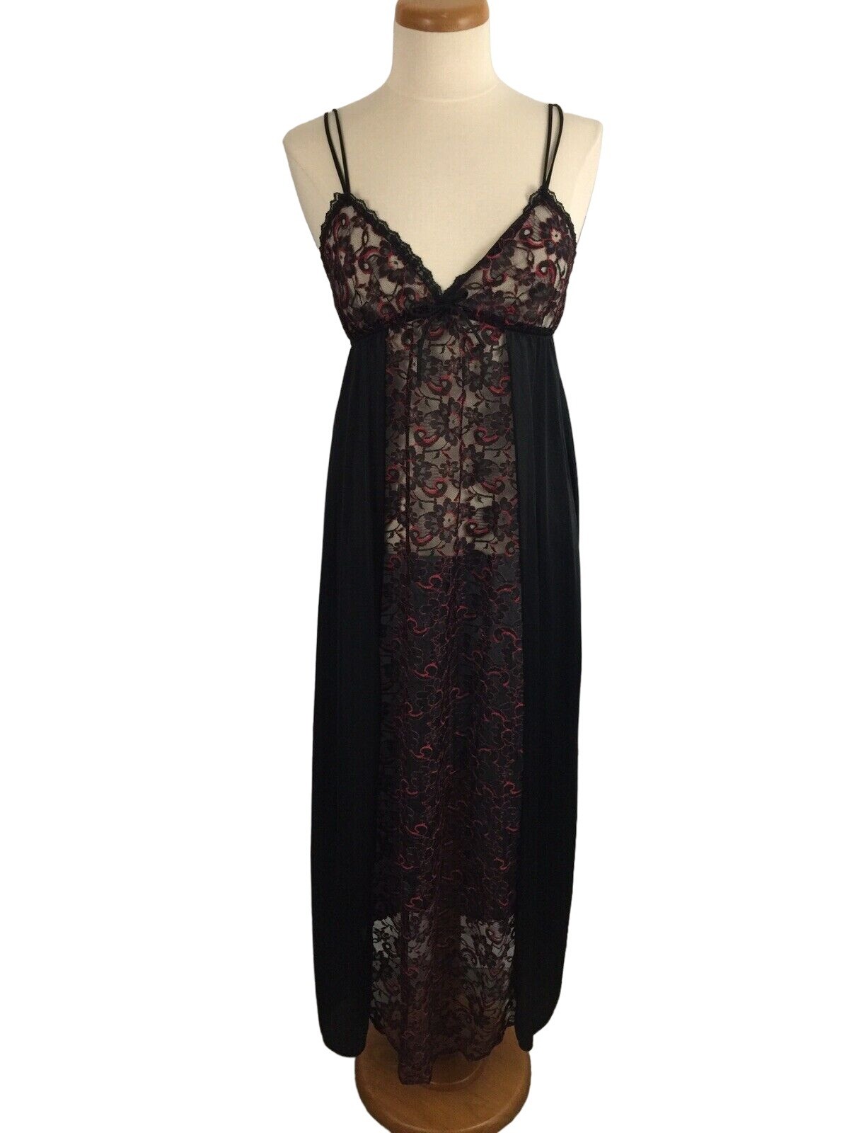 Vintage Jill Andrea Women’s M Nightgown Black Red Sheer Lace Long Gown Goth