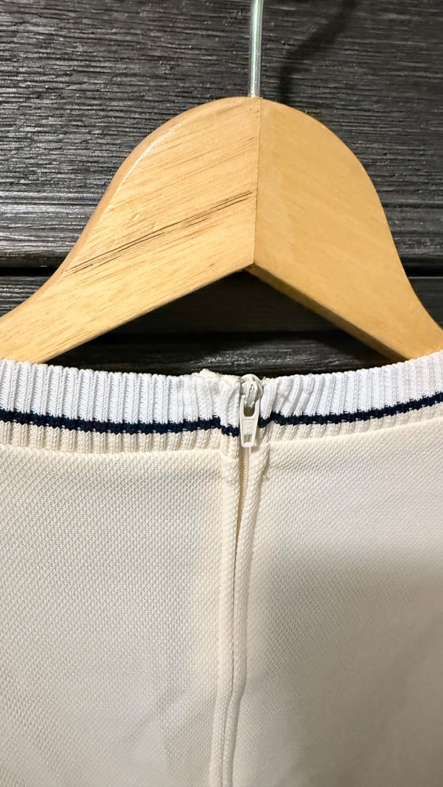 Vintage David Crystal Lacoste Tennis Dress USA Cream Navy Trim Belted Size 12