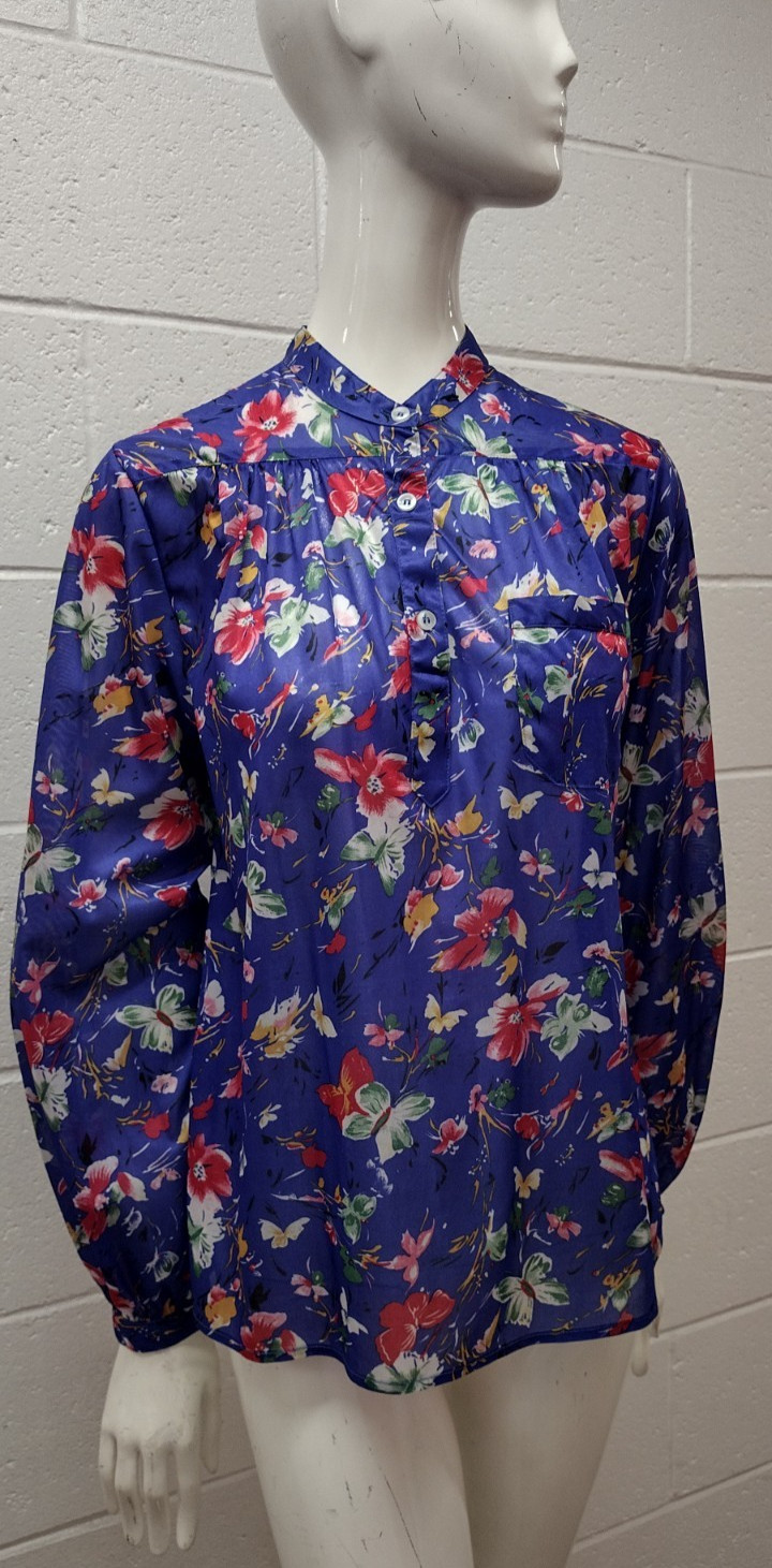 70s Organically Grown Beautiful Blouse Butterflies Watercolor Cobalt Arpeja ART
