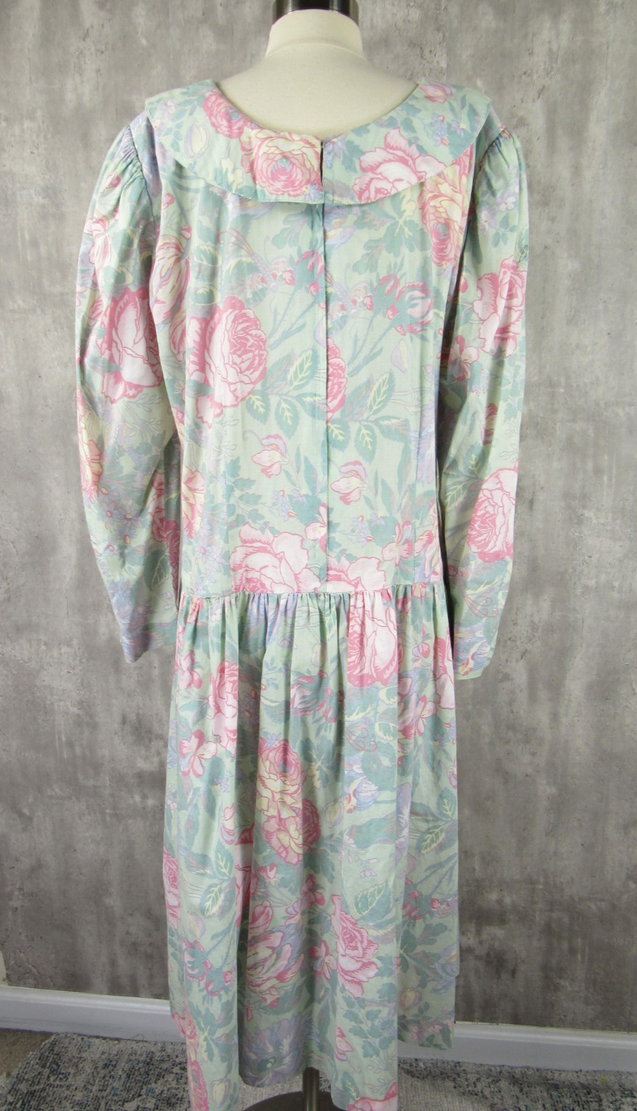 Vintage 80s Floral Drop Waist Light Green Tea Garden Midi Dress Cotton XL 2XL