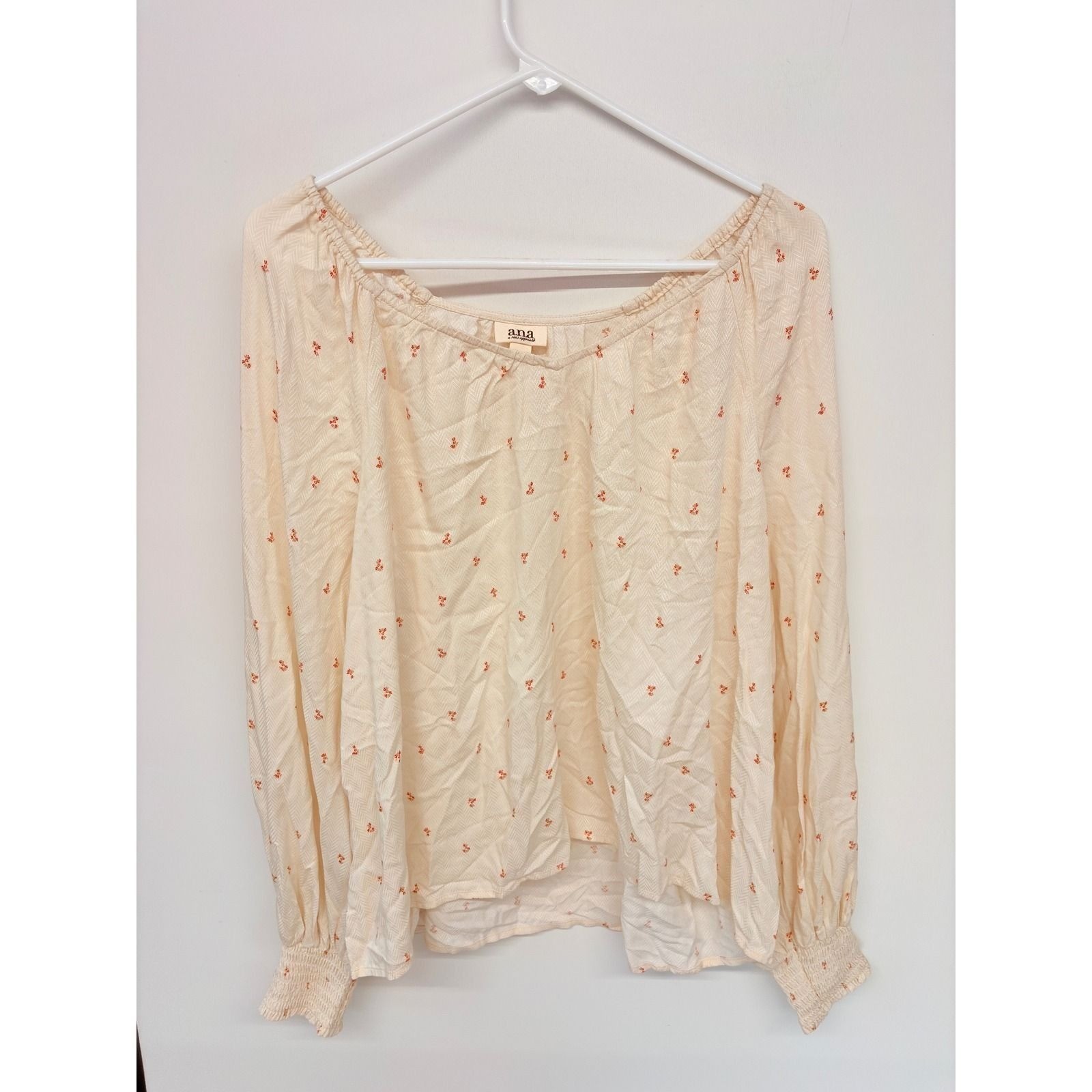 a.n.a Cottagecore Peasant Blouse Womens XL Cream Floral Smocked Cuff Boho