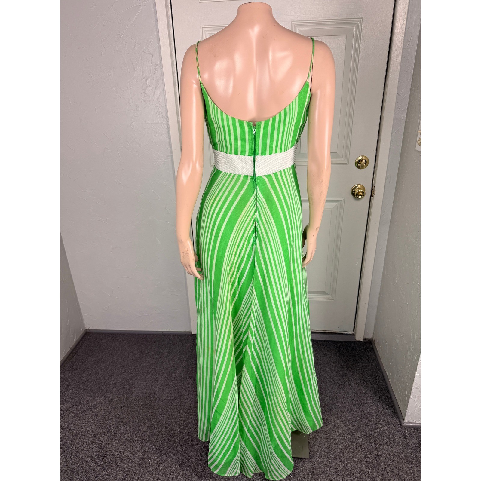 Vintage 70s Women’s Dress 10 Cotton Polyester Maxi V neck Striped Party K3-21