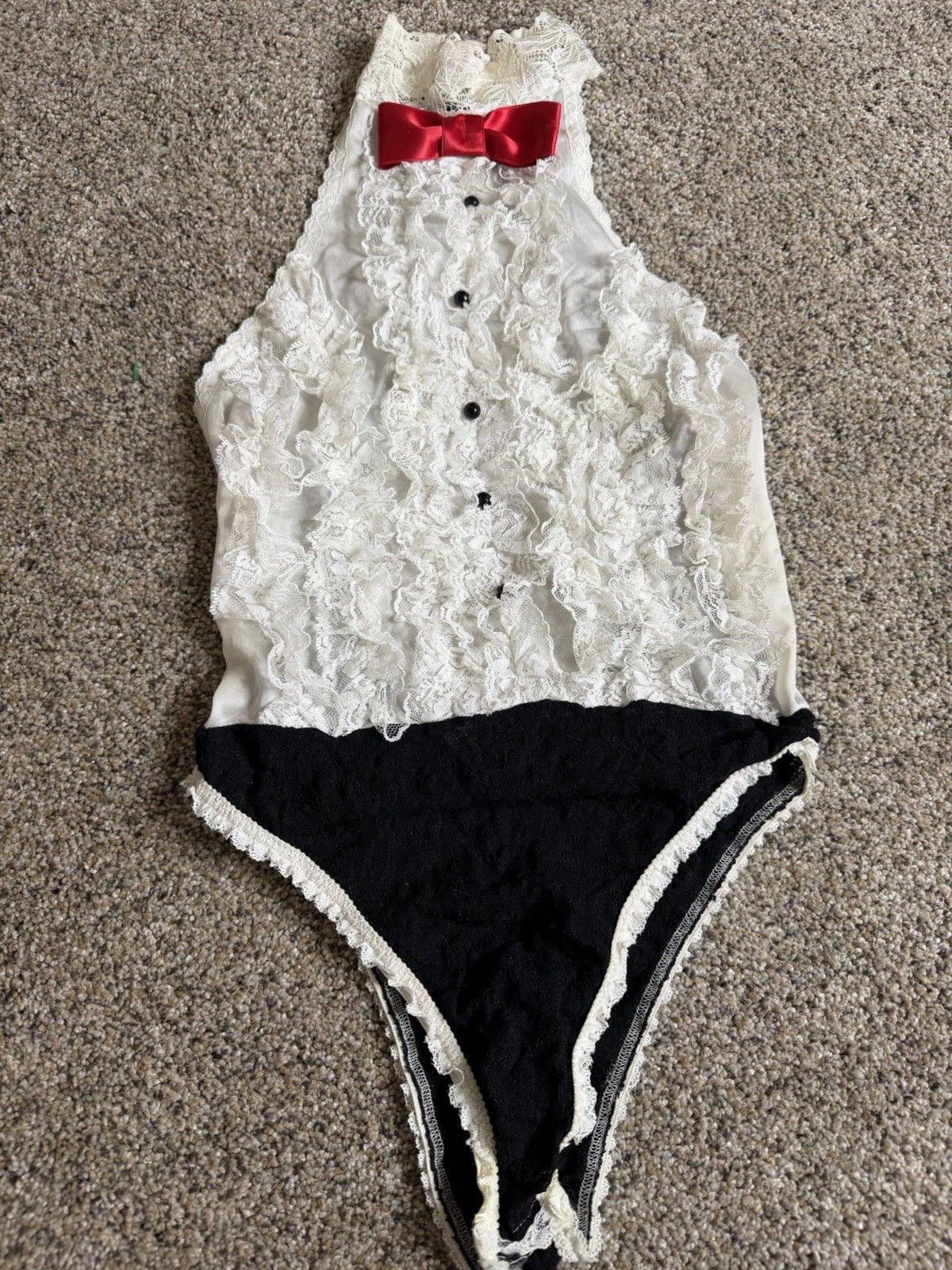 VTG Andrea Kristoff Escante Lace Teddy Ruffle Halter Cutout Tuxedo Sz Small