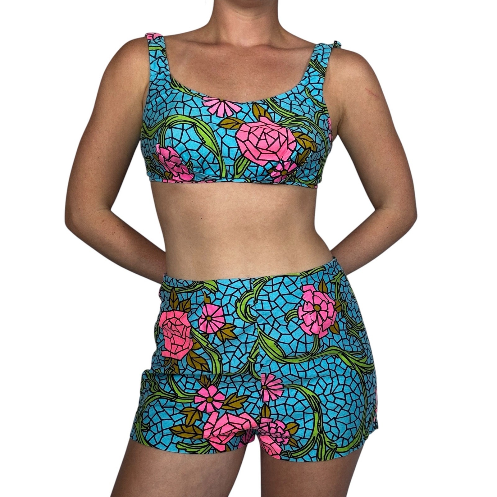 Vintage 1960s Rose Marie Reid Bikini Stained Glass Rose Print Blue Pink Green