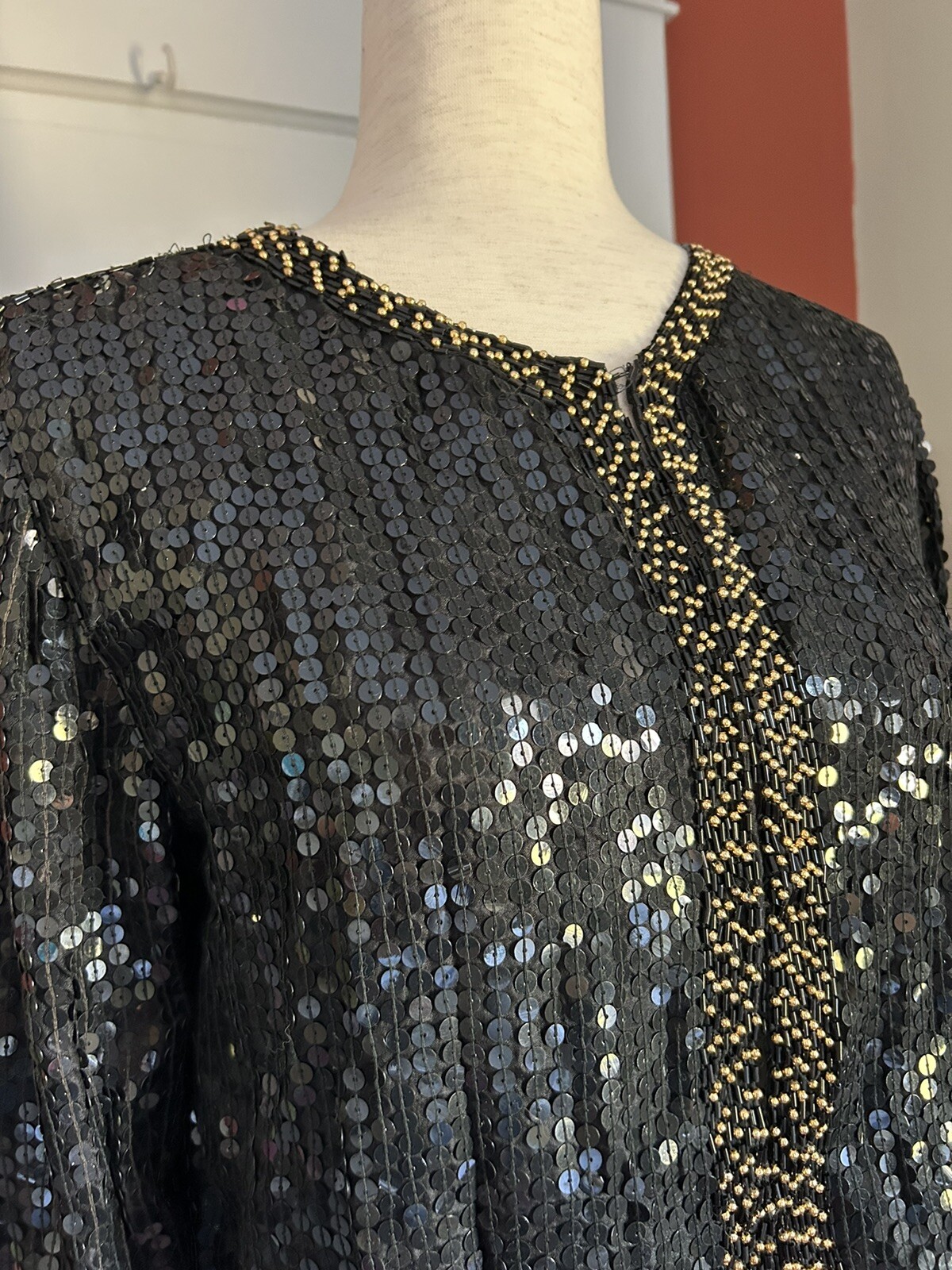 80s Beaded Sequin Black Gold Disco Party Funky Cropped Cardigan Sweater