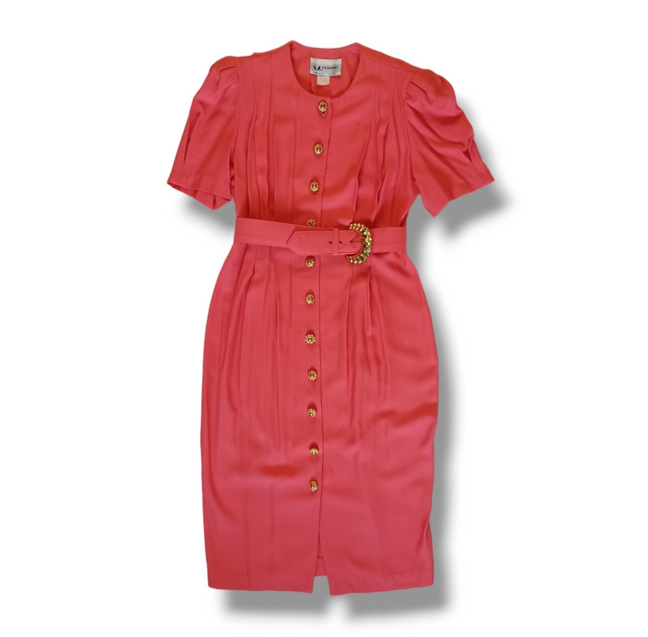Vintage Wiggle Dress Midi 80s Coral Button Detail Pleated S.L. Fashions Size 10