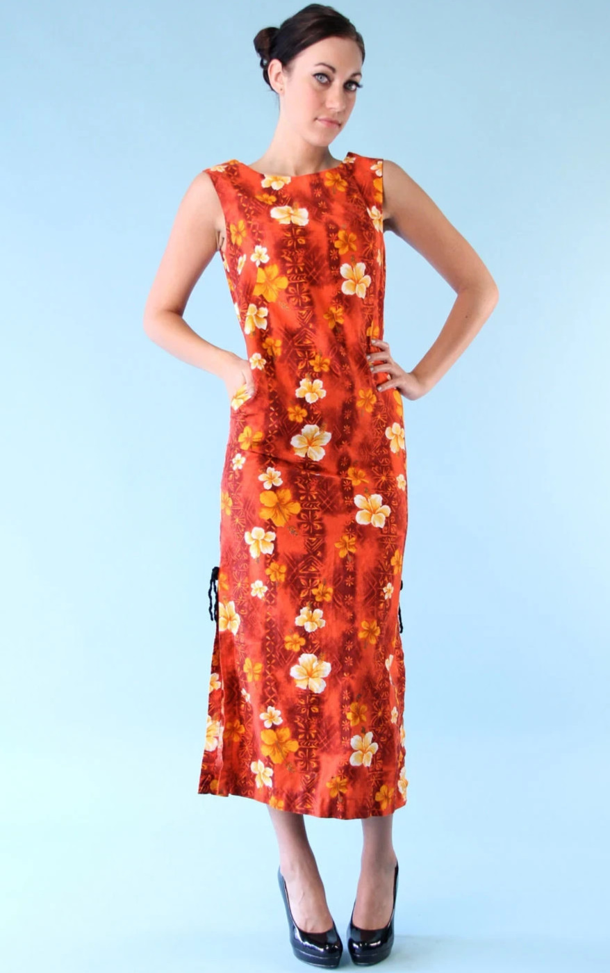 VTG 60s Hawaiian Dress Sleeveless Tank Ankle Length Floral Red Orange Small S