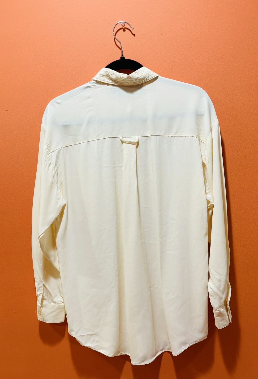Vintage Embroidered Ivory Blouse Top Sz L 80’s Office Career Secretary Made USA