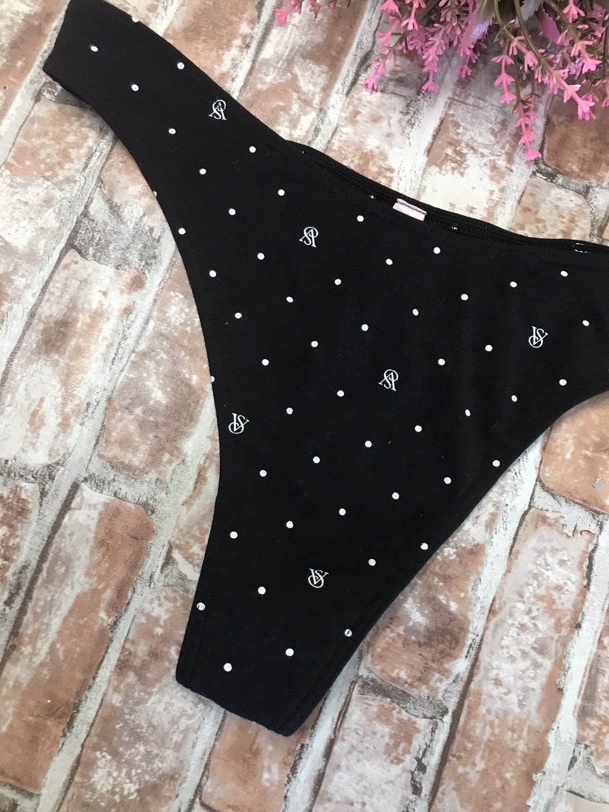 NWT VICTORIA’S SECRET PINK POLKA DOT THICK LOGO BAND HIGH WAIST THONG PANTIES LG