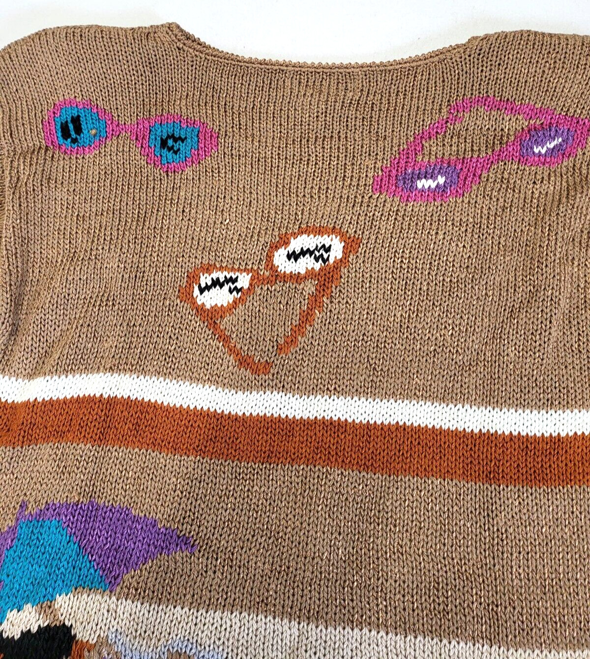 VTG NANNELL Beach Theme Hand Knit Sweater Sunglasses Palm Tree Sunbather Medium