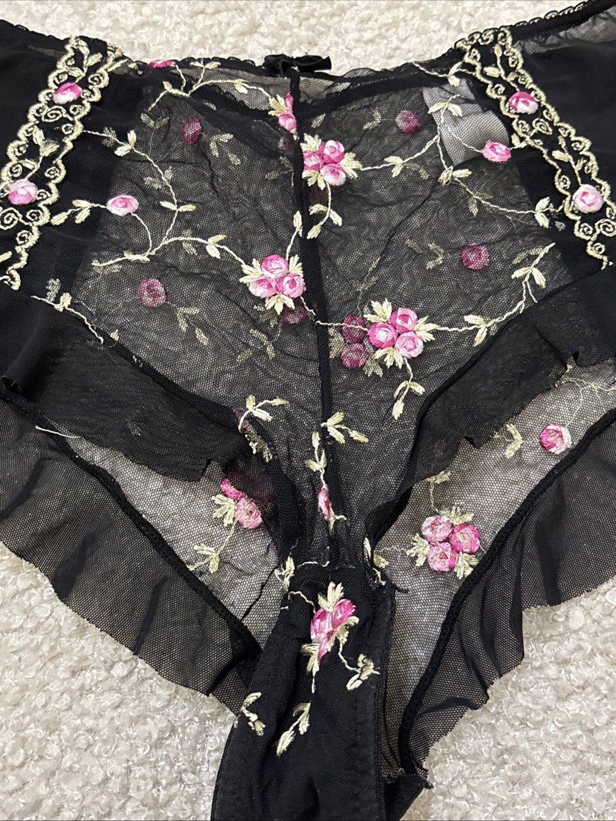 Vintage Secret Treasure Boy Short Black Panty Lace Floral Embroidery #4466