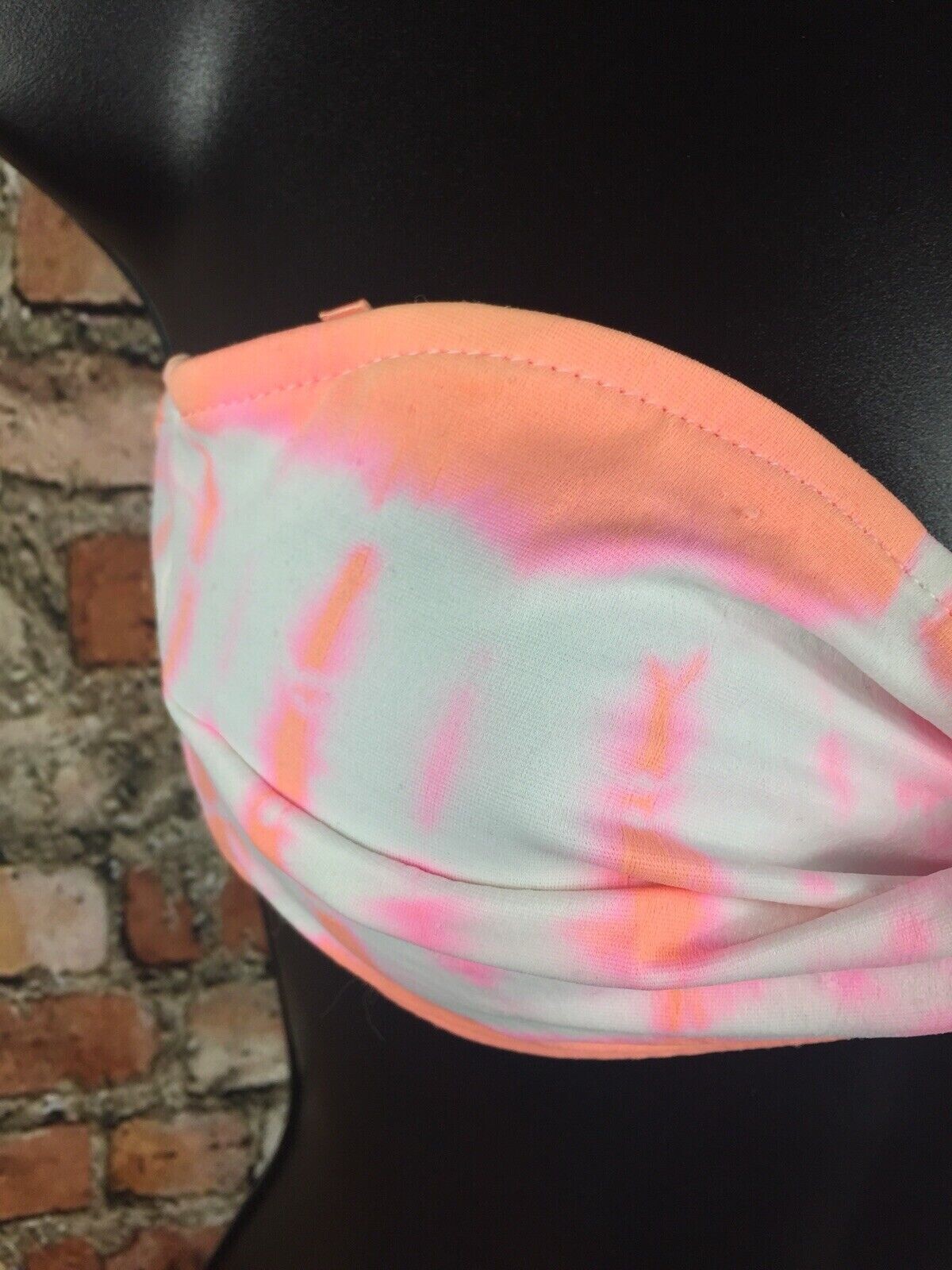 Vintage 80s 90s Neon Tie Dye Bandeau Bikini Top Bottom SET Pink Orange USA Retro
