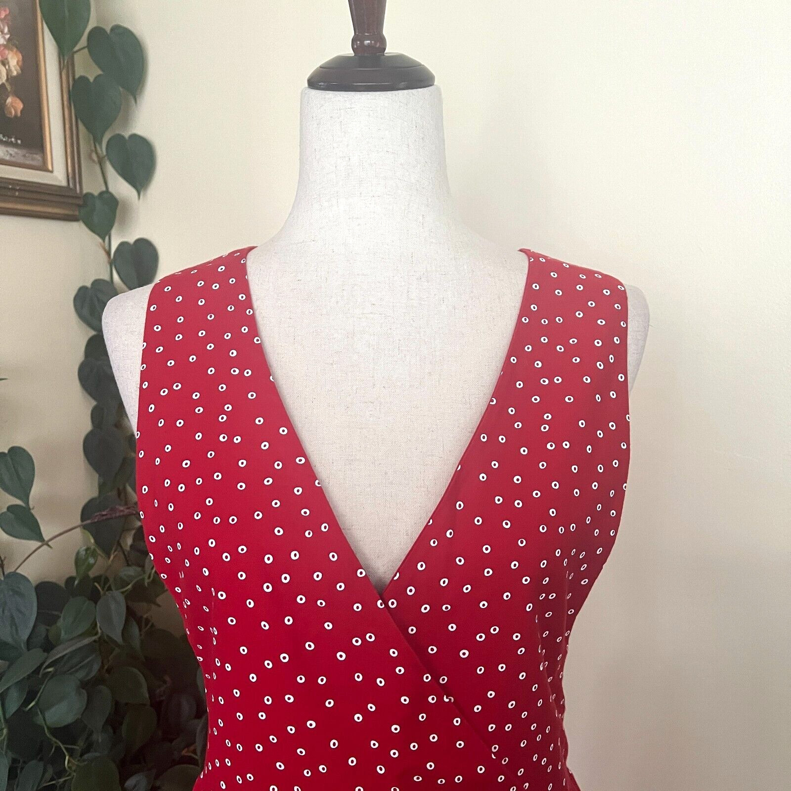 J Jill Red Polka Dot Dress Vintage 90s Surplice Neckline 100% Cotton sz M