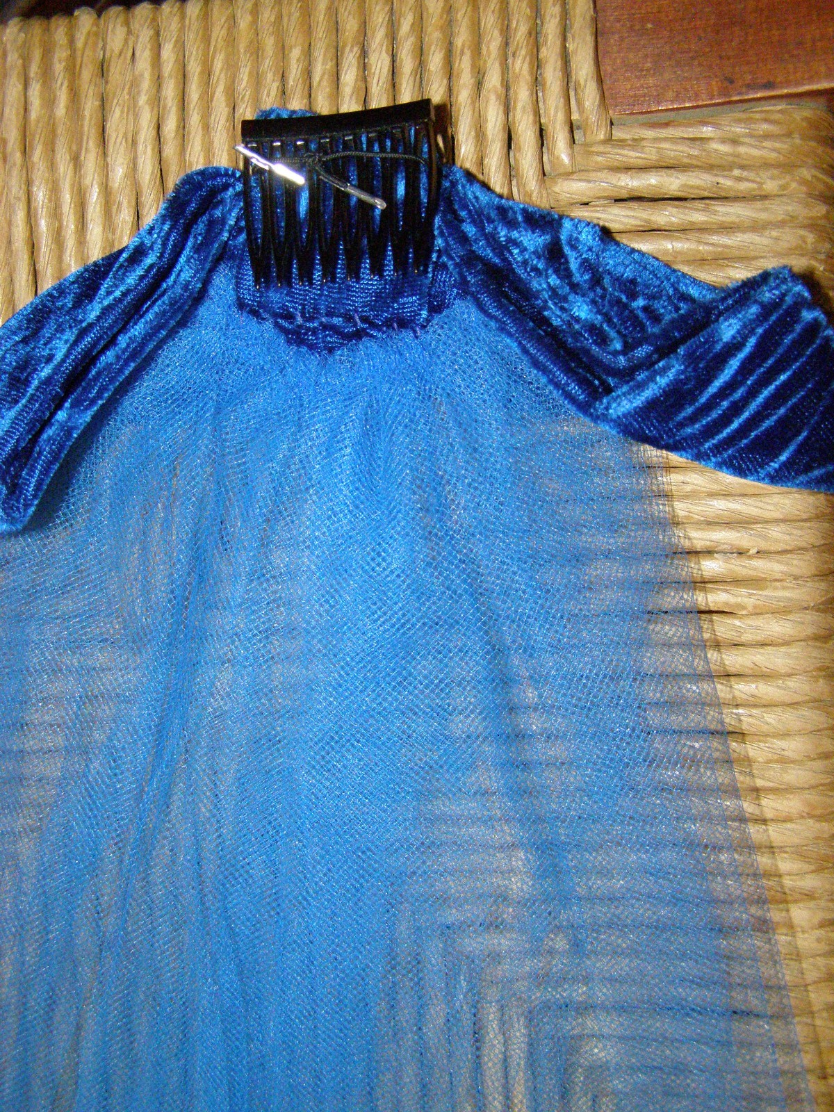 Vintage 60’s royal blue swirl VELVET maxi dress S M BOW back & hair comb regal