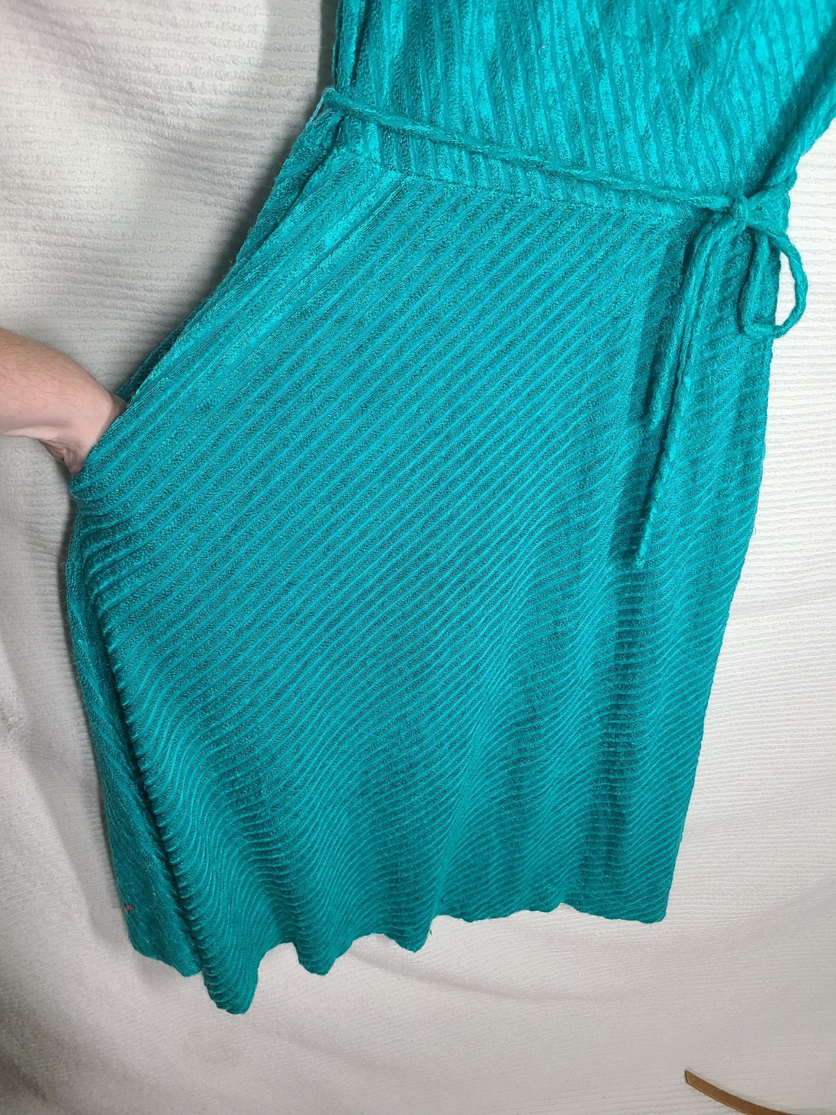 1970s Disco Knit Dress Teal Terry Cloth Diagonal Corduroy Stripe wBelt Large