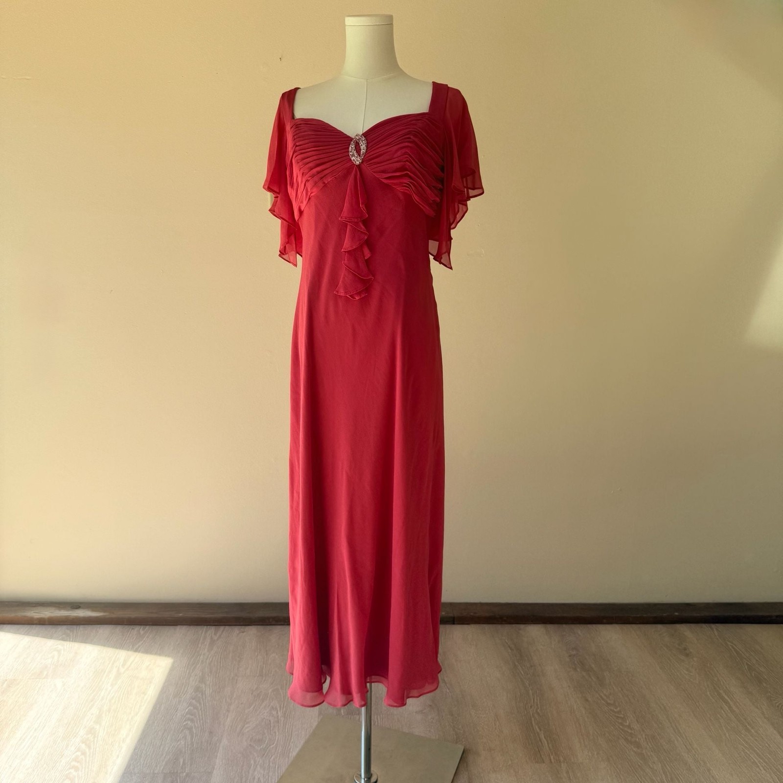 Vintage 100% Silk Dress Red Pink Beaded Flutter Sleeve Adrianna Papell