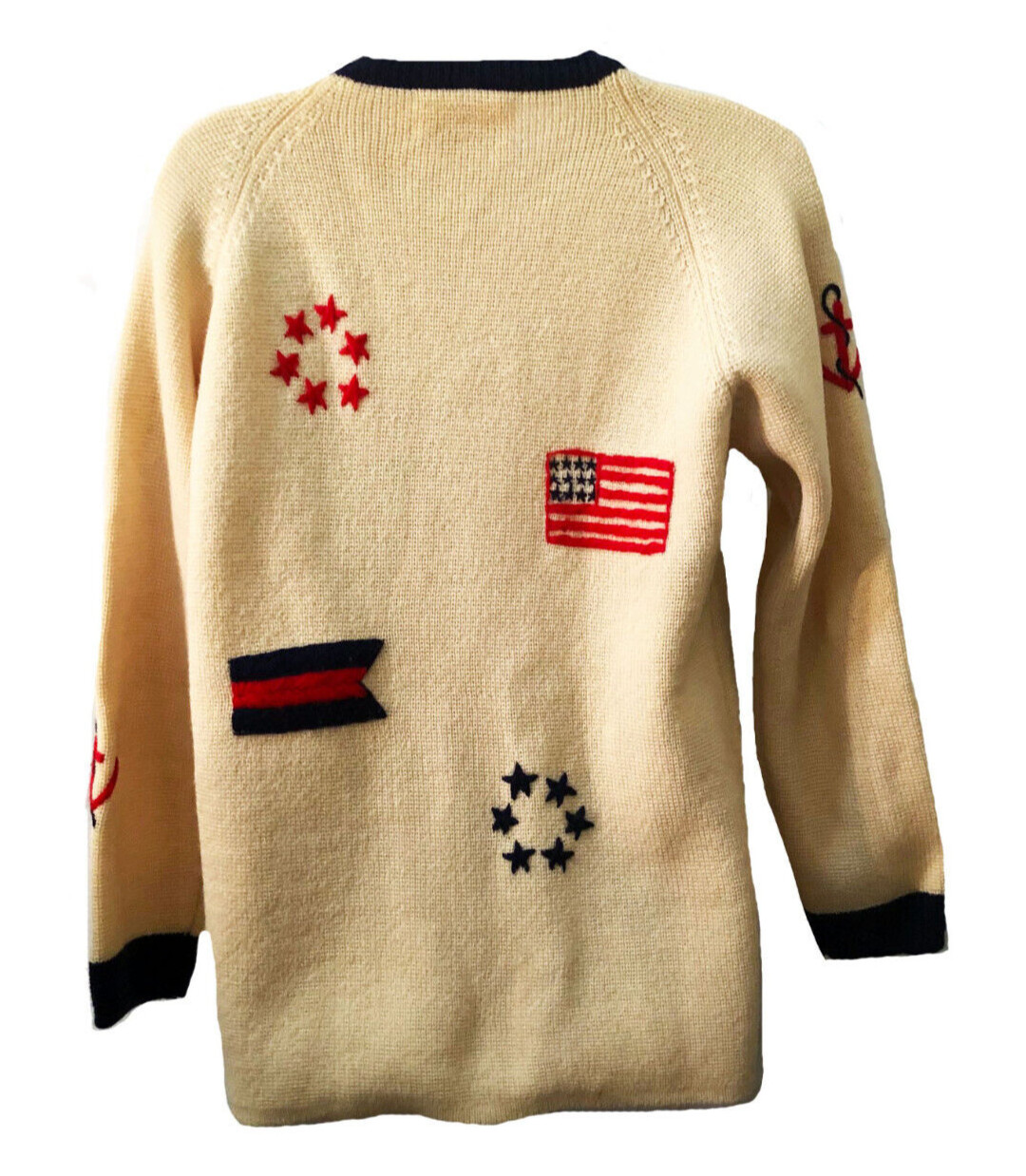 VTG 60s Ivory Wool Navy Trim Gold Button Cardigan w Sailing Boating Embroidery M